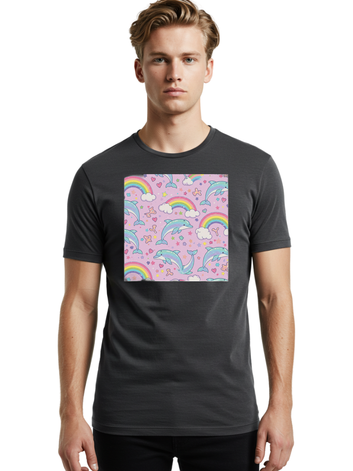 Rainbow-Dolphin-Pattern Men'S Graphic Tee, 100% Cotton, Comfortable Casual Summer Wear, Machine Washable, Dolphins, Rainbows, Clouds, Stars, Hearts, Pastel Colors, Whimsical Design, Playful Pattern, Childrens Theme, Fantasy Elements, Bab273