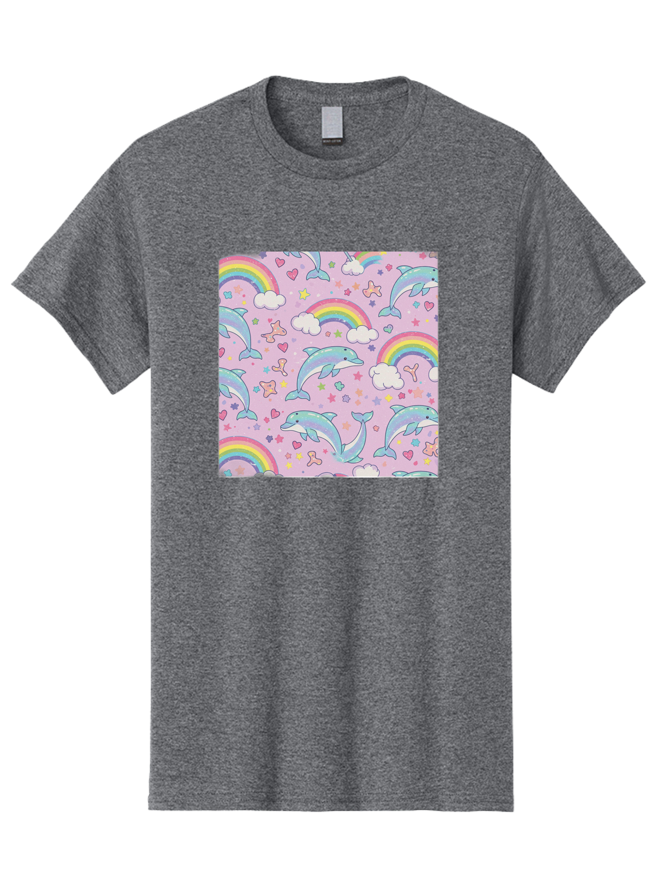 Rainbow-Dolphin-Pattern Men'S Graphic Tee, 100% Cotton, Comfortable Casual Summer Wear, Machine Washable, Dolphins, Rainbows, Clouds, Stars, Hearts, Pastel Colors, Whimsical Design, Playful Pattern, Childrens Theme, Fantasy Elements, Bab273
