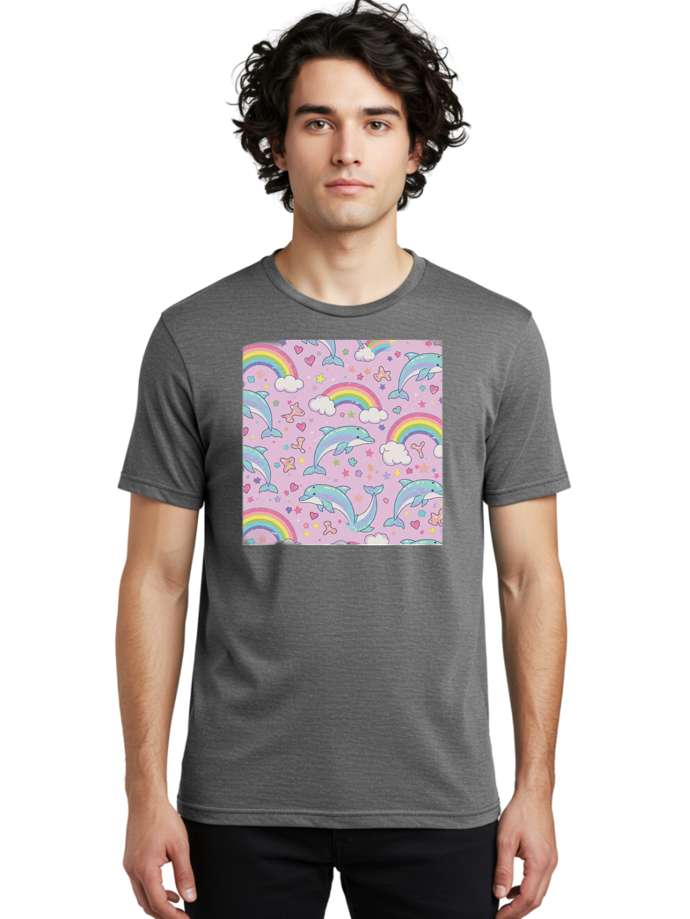 Rainbow-Dolphin-Pattern Men'S Graphic Tee, 100% Cotton, Comfortable Casual Summer Wear, Machine Washable, Dolphins, Rainbows, Clouds, Stars, Hearts, Pastel Colors, Whimsical Design, Playful Pattern, Childrens Theme, Fantasy Elements, Bab273