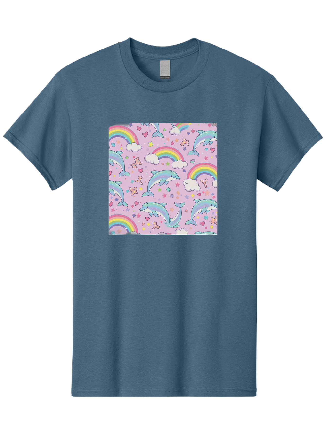 Rainbow-Dolphin-Pattern Men'S Graphic Tee, 100% Cotton, Comfortable Casual Summer Wear, Machine Washable, Dolphins, Rainbows, Clouds, Stars, Hearts, Pastel Colors, Whimsical Design, Playful Pattern, Childrens Theme, Fantasy Elements, Bab273
