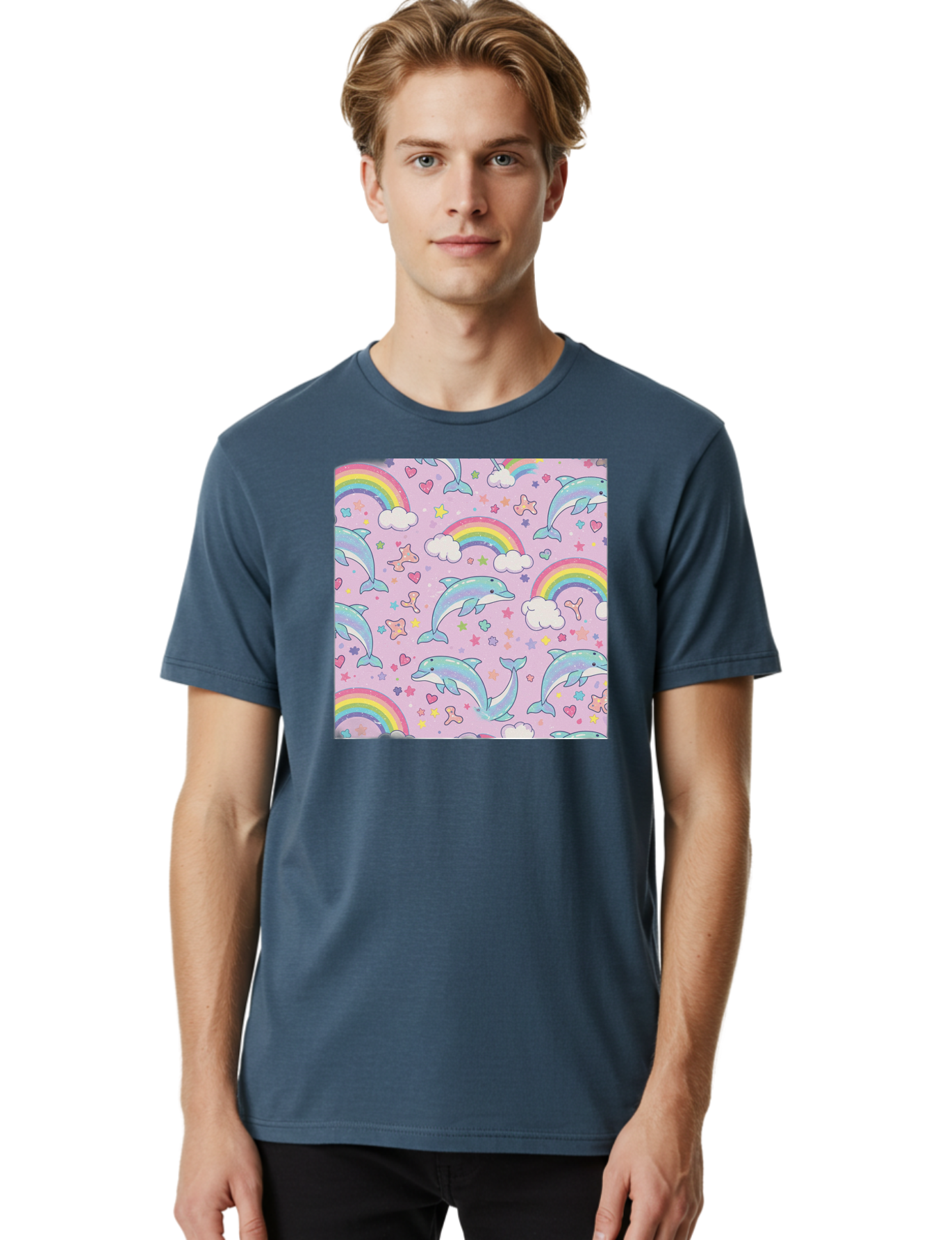 Rainbow-Dolphin-Pattern Men'S Graphic Tee, 100% Cotton, Comfortable Casual Summer Wear, Machine Washable, Dolphins, Rainbows, Clouds, Stars, Hearts, Pastel Colors, Whimsical Design, Playful Pattern, Childrens Theme, Fantasy Elements, Bab273