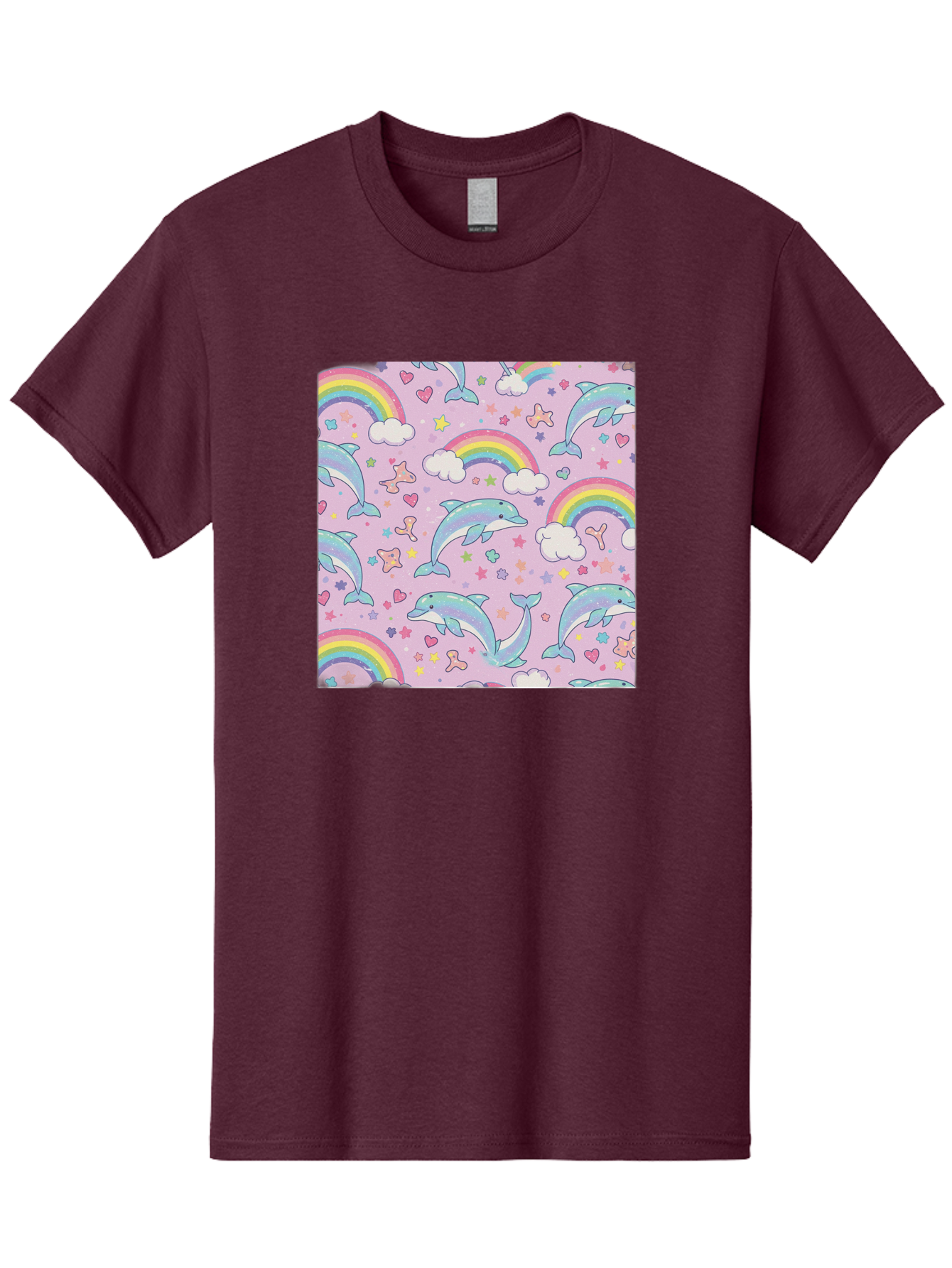 Rainbow-Dolphin-Pattern Men'S Graphic Tee, 100% Cotton, Comfortable Casual Summer Wear, Machine Washable, Dolphins, Rainbows, Clouds, Stars, Hearts, Pastel Colors, Whimsical Design, Playful Pattern, Childrens Theme, Fantasy Elements, Bab273