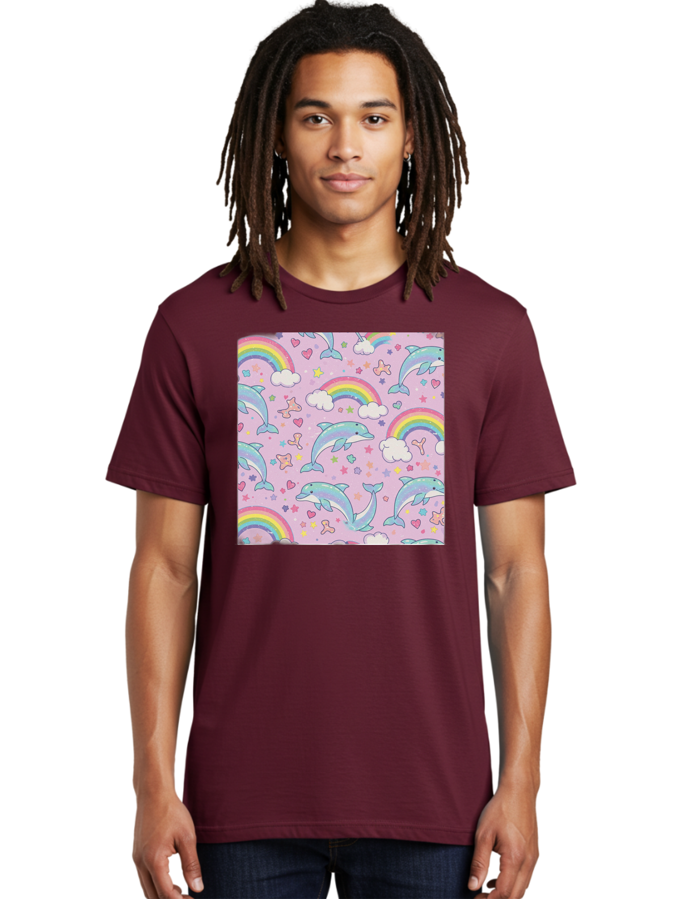 Rainbow-Dolphin-Pattern Men'S Graphic Tee, 100% Cotton, Comfortable Casual Summer Wear, Machine Washable, Dolphins, Rainbows, Clouds, Stars, Hearts, Pastel Colors, Whimsical Design, Playful Pattern, Childrens Theme, Fantasy Elements, Bab273