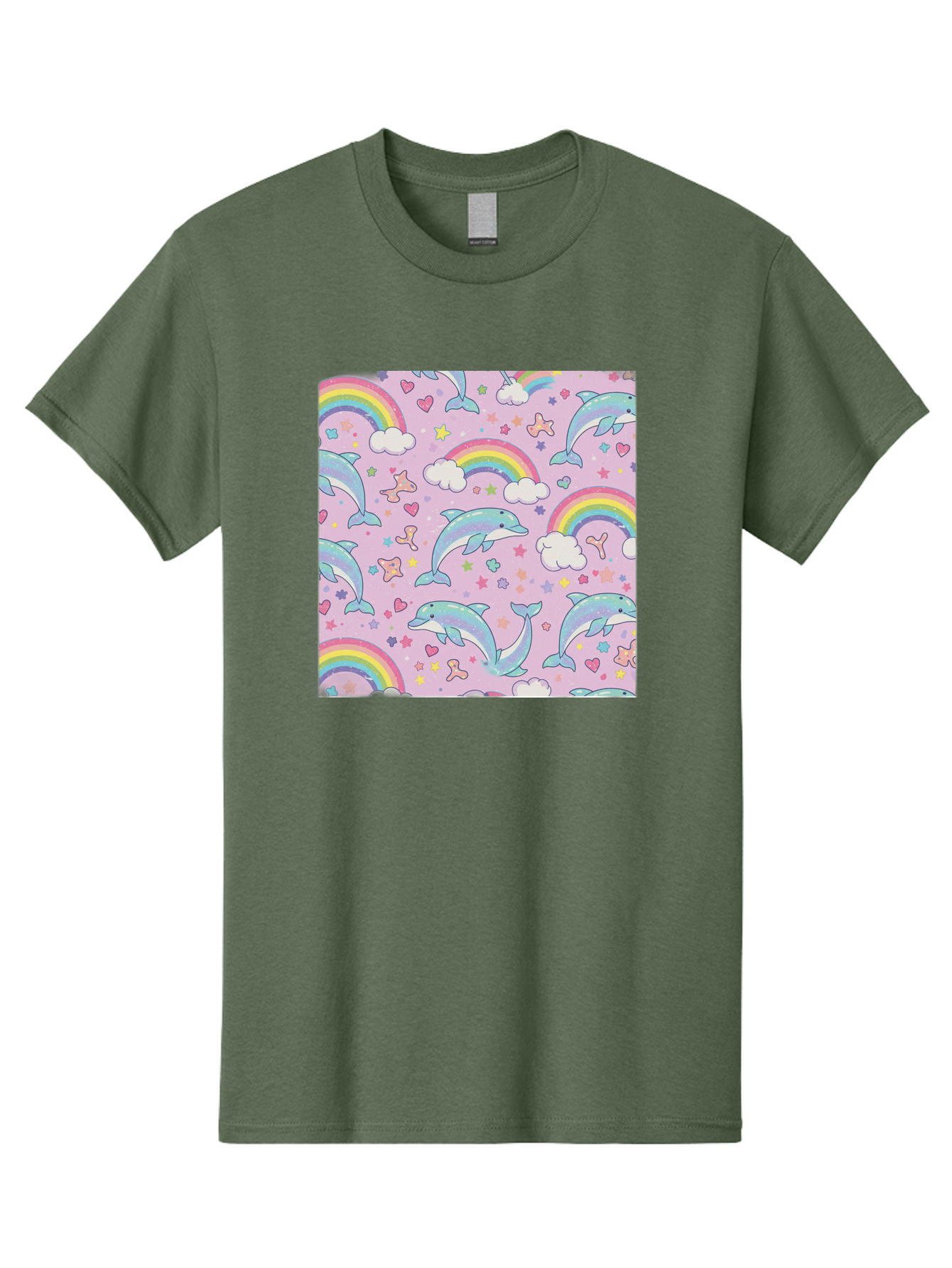Rainbow-Dolphin-Pattern Men'S Graphic Tee, 100% Cotton, Comfortable Casual Summer Wear, Machine Washable, Dolphins, Rainbows, Clouds, Stars, Hearts, Pastel Colors, Whimsical Design, Playful Pattern, Childrens Theme, Fantasy Elements, Bab273