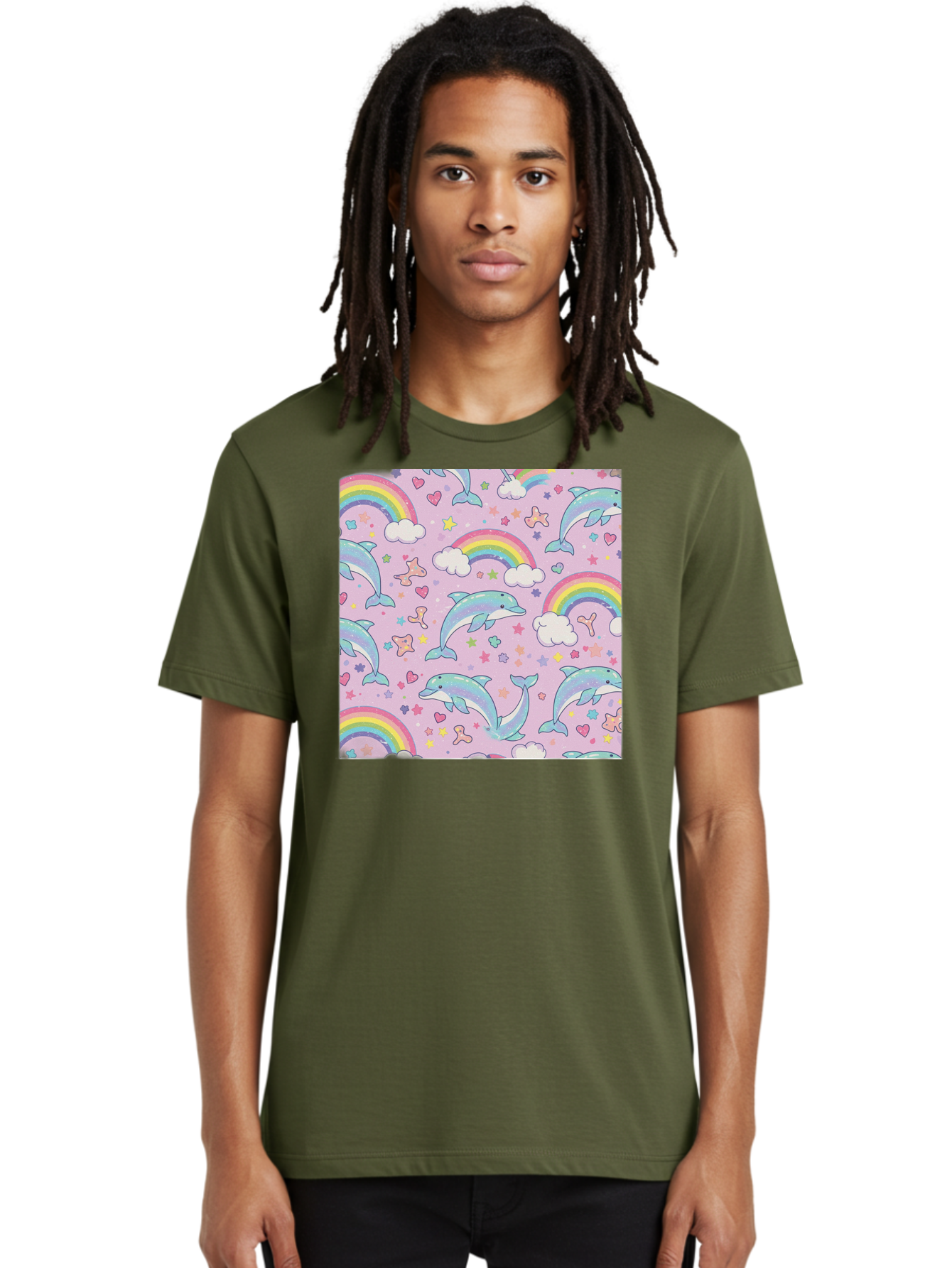 Rainbow-Dolphin-Pattern Men'S Graphic Tee, 100% Cotton, Comfortable Casual Summer Wear, Machine Washable, Dolphins, Rainbows, Clouds, Stars, Hearts, Pastel Colors, Whimsical Design, Playful Pattern, Childrens Theme, Fantasy Elements, Bab273
