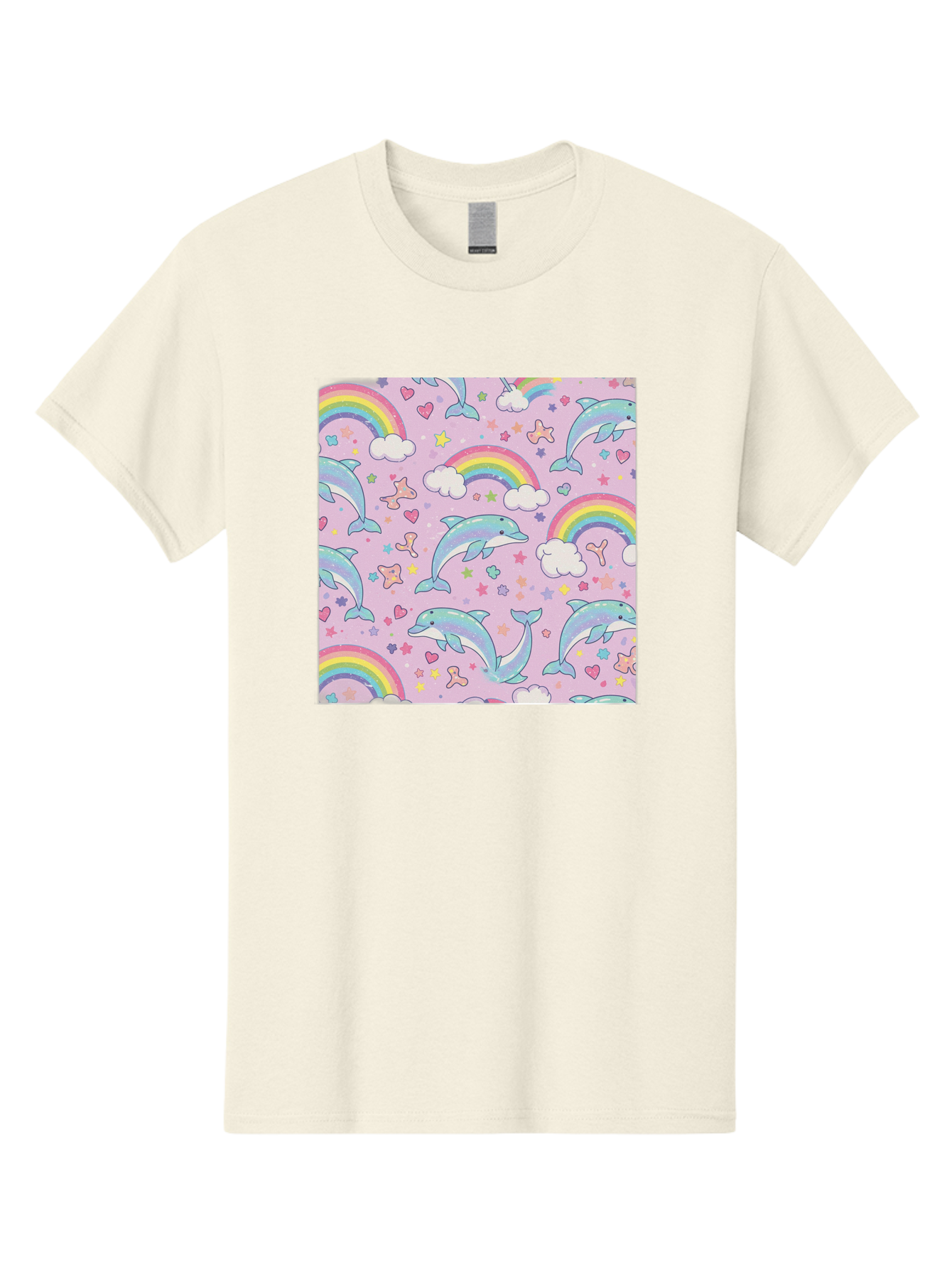 Rainbow-Dolphin-Pattern Men'S Graphic Tee, 100% Cotton, Comfortable Casual Summer Wear, Machine Washable, Dolphins, Rainbows, Clouds, Stars, Hearts, Pastel Colors, Whimsical Design, Playful Pattern, Childrens Theme, Fantasy Elements, Bab273