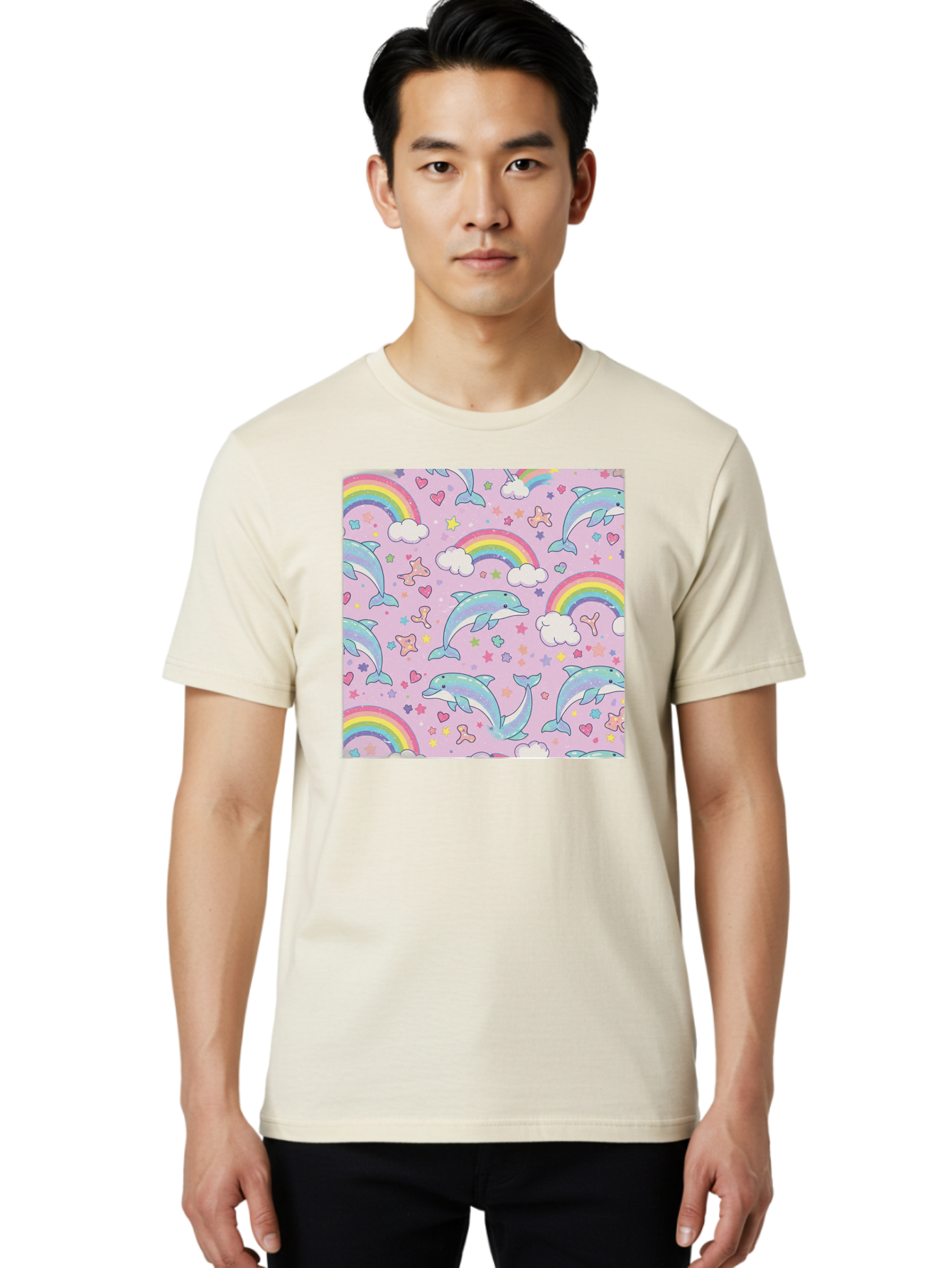 Rainbow-Dolphin-Pattern Men'S Graphic Tee, 100% Cotton, Comfortable Casual Summer Wear, Machine Washable, Dolphins, Rainbows, Clouds, Stars, Hearts, Pastel Colors, Whimsical Design, Playful Pattern, Childrens Theme, Fantasy Elements, Bab273