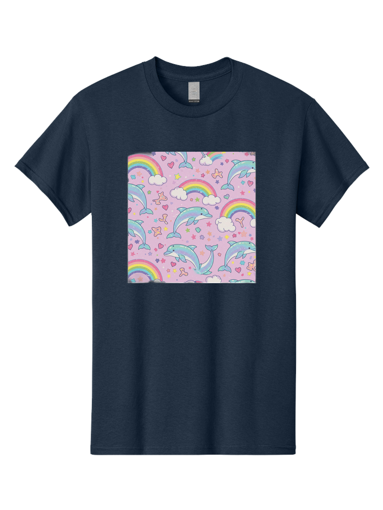 Rainbow-Dolphin-Pattern Men'S Graphic Tee, 100% Cotton, Comfortable Casual Summer Wear, Machine Washable, Dolphins, Rainbows, Clouds, Stars, Hearts, Pastel Colors, Whimsical Design, Playful Pattern, Childrens Theme, Fantasy Elements, Bab273