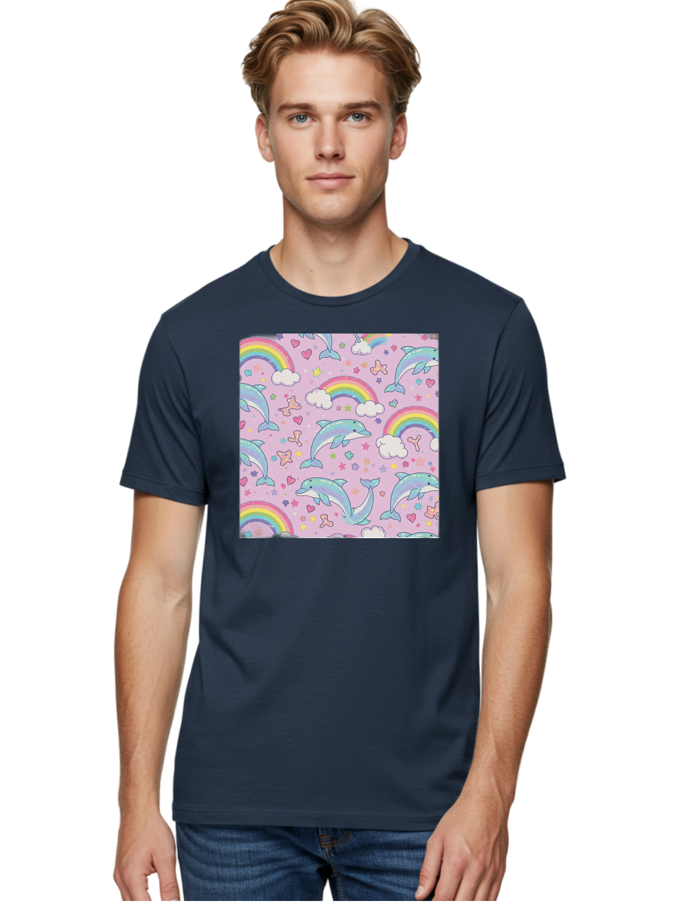 Rainbow-Dolphin-Pattern Men'S Graphic Tee, 100% Cotton, Comfortable Casual Summer Wear, Machine Washable, Dolphins, Rainbows, Clouds, Stars, Hearts, Pastel Colors, Whimsical Design, Playful Pattern, Childrens Theme, Fantasy Elements, Bab273