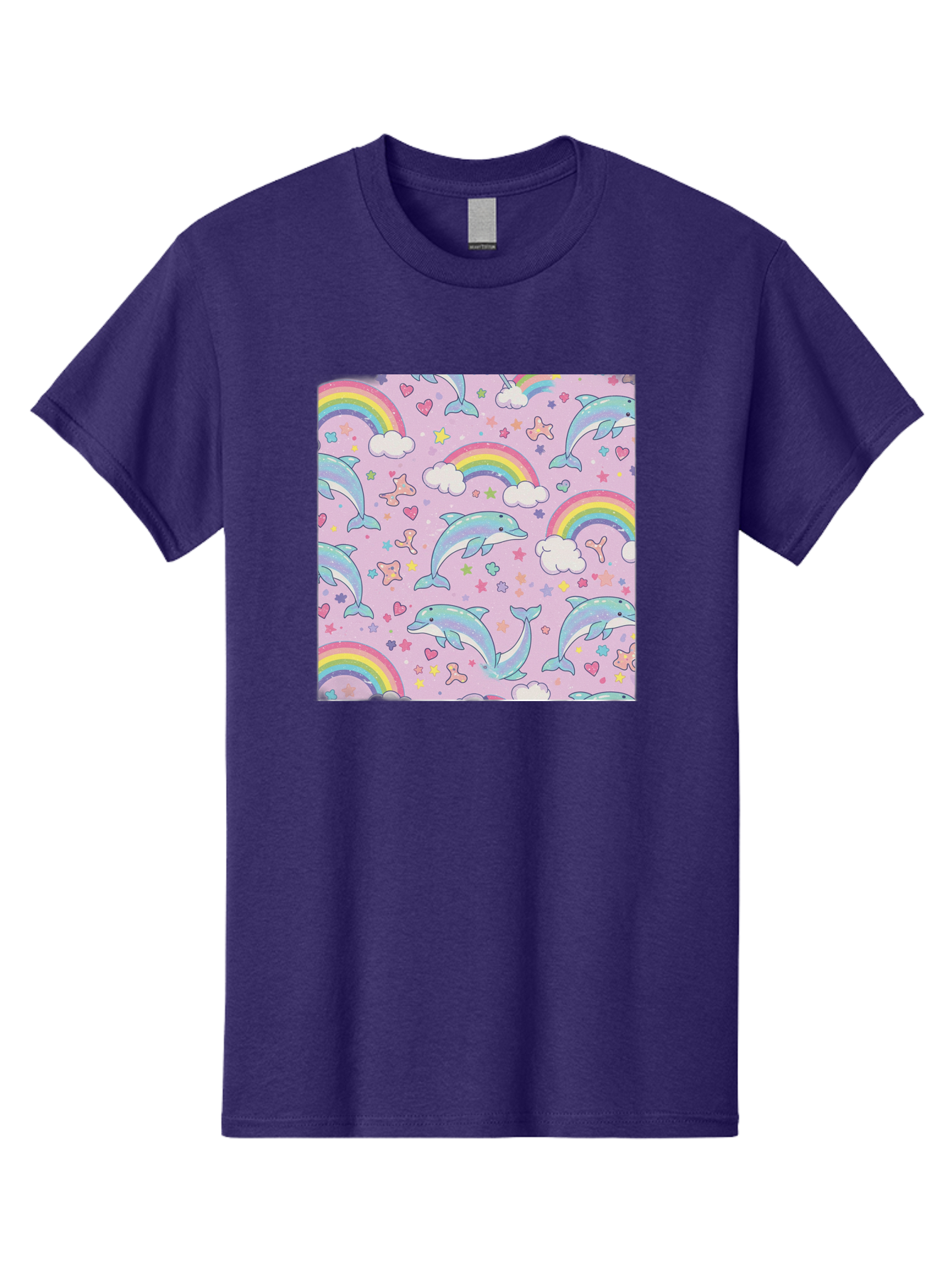 Rainbow-Dolphin-Pattern Men'S Graphic Tee, 100% Cotton, Comfortable Casual Summer Wear, Machine Washable, Dolphins, Rainbows, Clouds, Stars, Hearts, Pastel Colors, Whimsical Design, Playful Pattern, Childrens Theme, Fantasy Elements, Bab273