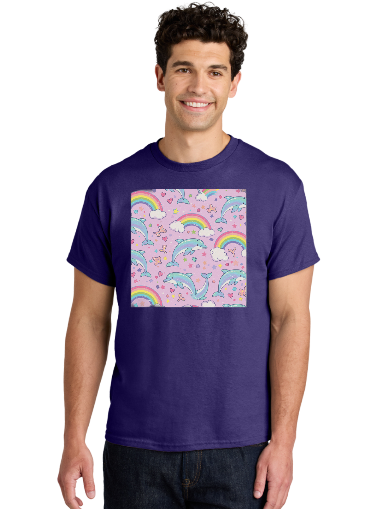 Rainbow-Dolphin-Pattern Men'S Graphic Tee, 100% Cotton, Comfortable Casual Summer Wear, Machine Washable, Dolphins, Rainbows, Clouds, Stars, Hearts, Pastel Colors, Whimsical Design, Playful Pattern, Childrens Theme, Fantasy Elements, Bab273