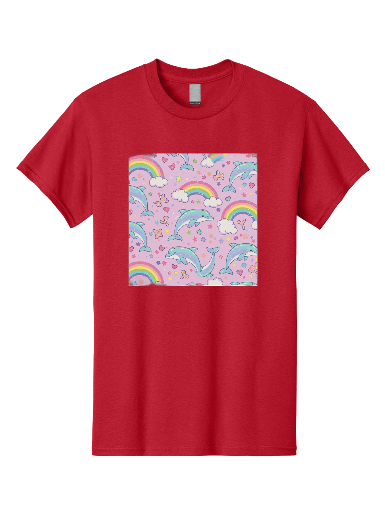 Rainbow-Dolphin-Pattern Men'S Graphic Tee, 100% Cotton, Comfortable Casual Summer Wear, Machine Washable, Dolphins, Rainbows, Clouds, Stars, Hearts, Pastel Colors, Whimsical Design, Playful Pattern, Childrens Theme, Fantasy Elements, Bab273