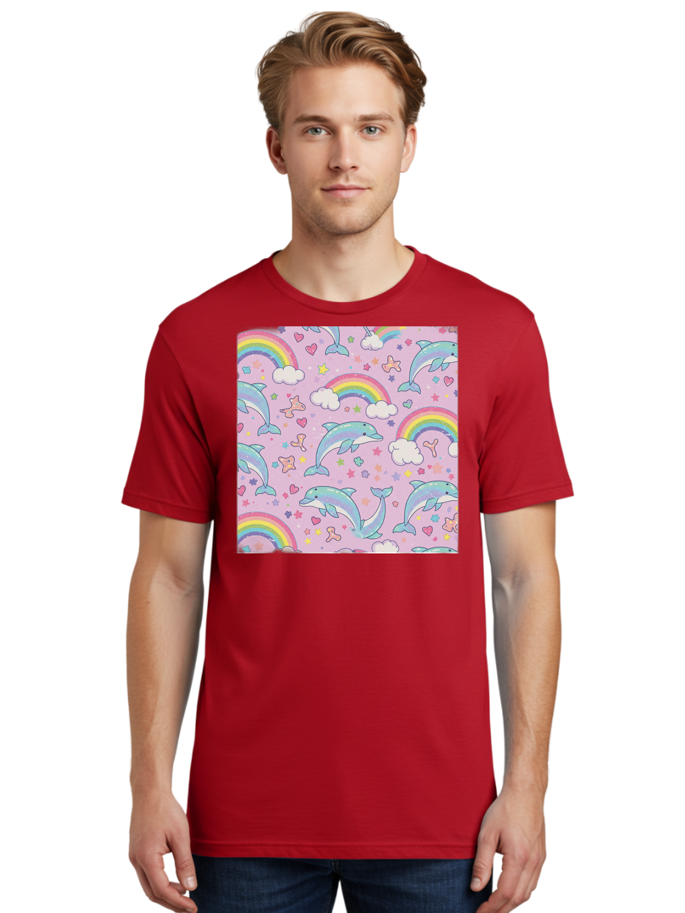 Rainbow-Dolphin-Pattern Men'S Graphic Tee, 100% Cotton, Comfortable Casual Summer Wear, Machine Washable, Dolphins, Rainbows, Clouds, Stars, Hearts, Pastel Colors, Whimsical Design, Playful Pattern, Childrens Theme, Fantasy Elements, Bab273