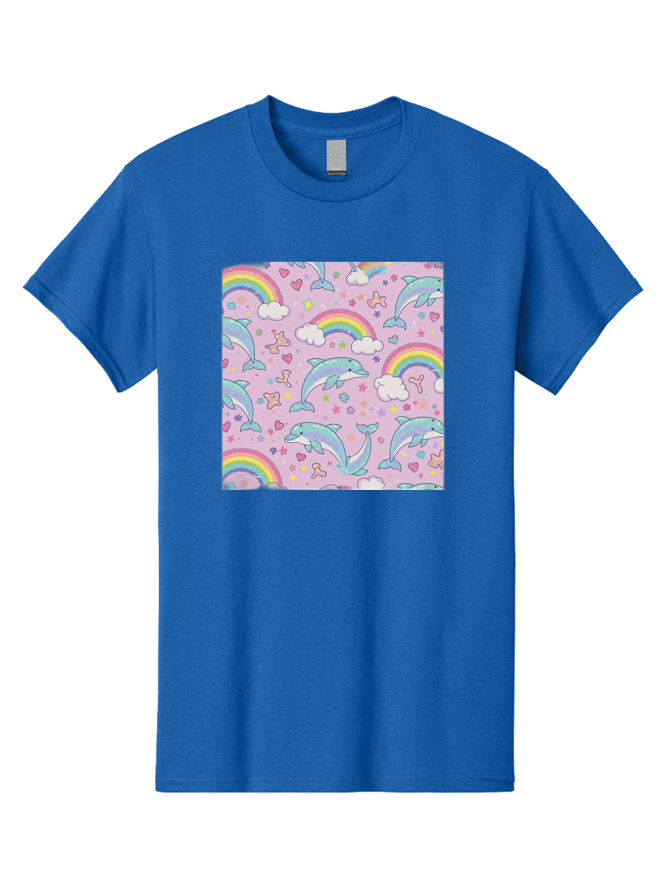 Rainbow-Dolphin-Pattern Men'S Graphic Tee, 100% Cotton, Comfortable Casual Summer Wear, Machine Washable, Dolphins, Rainbows, Clouds, Stars, Hearts, Pastel Colors, Whimsical Design, Playful Pattern, Childrens Theme, Fantasy Elements, Bab273