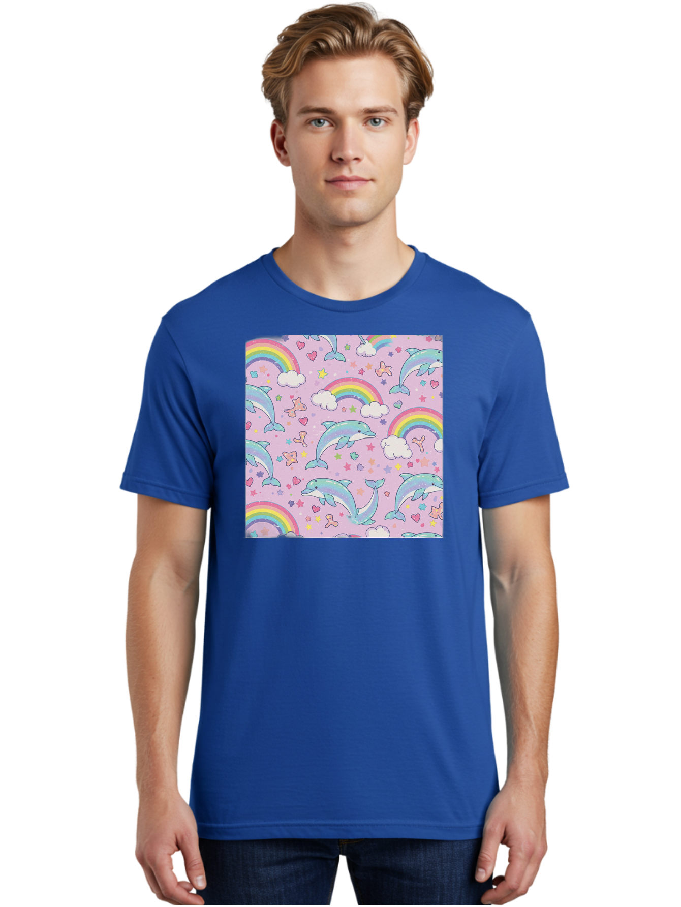 Rainbow-Dolphin-Pattern Men'S Graphic Tee, 100% Cotton, Comfortable Casual Summer Wear, Machine Washable, Dolphins, Rainbows, Clouds, Stars, Hearts, Pastel Colors, Whimsical Design, Playful Pattern, Childrens Theme, Fantasy Elements, Bab273