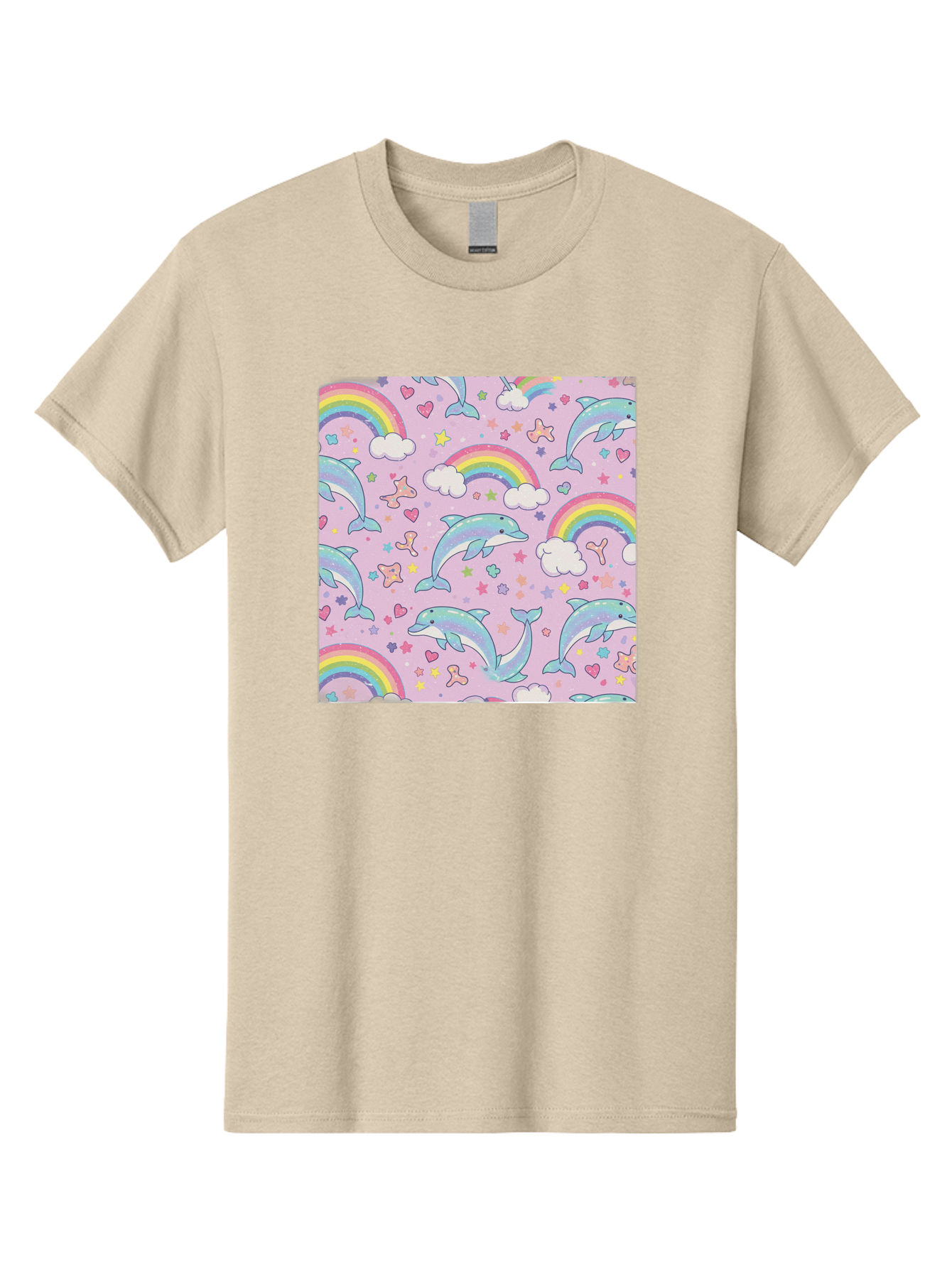 Rainbow-Dolphin-Pattern Men'S Graphic Tee, 100% Cotton, Comfortable Casual Summer Wear, Machine Washable, Dolphins, Rainbows, Clouds, Stars, Hearts, Pastel Colors, Whimsical Design, Playful Pattern, Childrens Theme, Fantasy Elements, Bab273