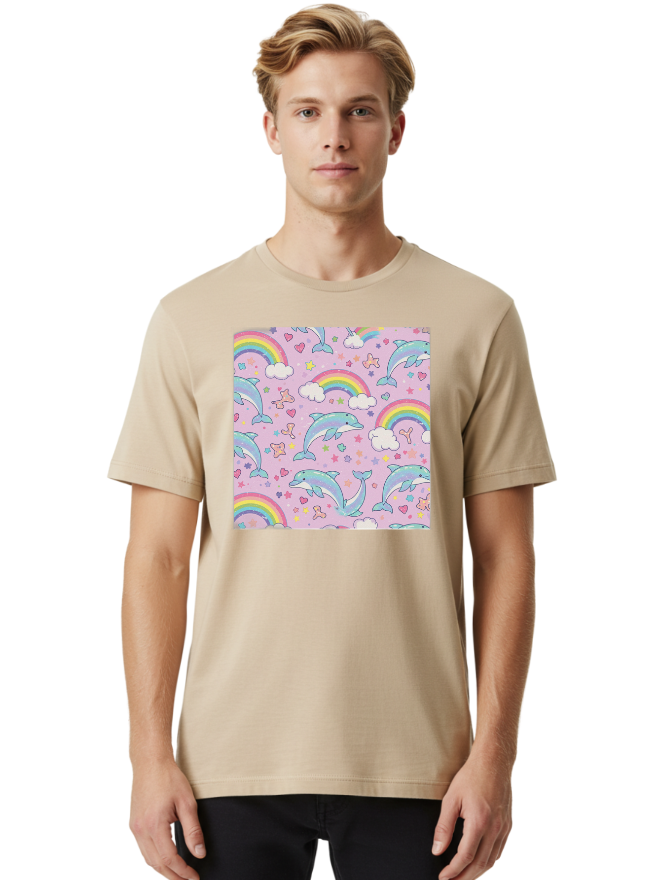 Rainbow-Dolphin-Pattern Men'S Graphic Tee, 100% Cotton, Comfortable Casual Summer Wear, Machine Washable, Dolphins, Rainbows, Clouds, Stars, Hearts, Pastel Colors, Whimsical Design, Playful Pattern, Childrens Theme, Fantasy Elements, Bab273