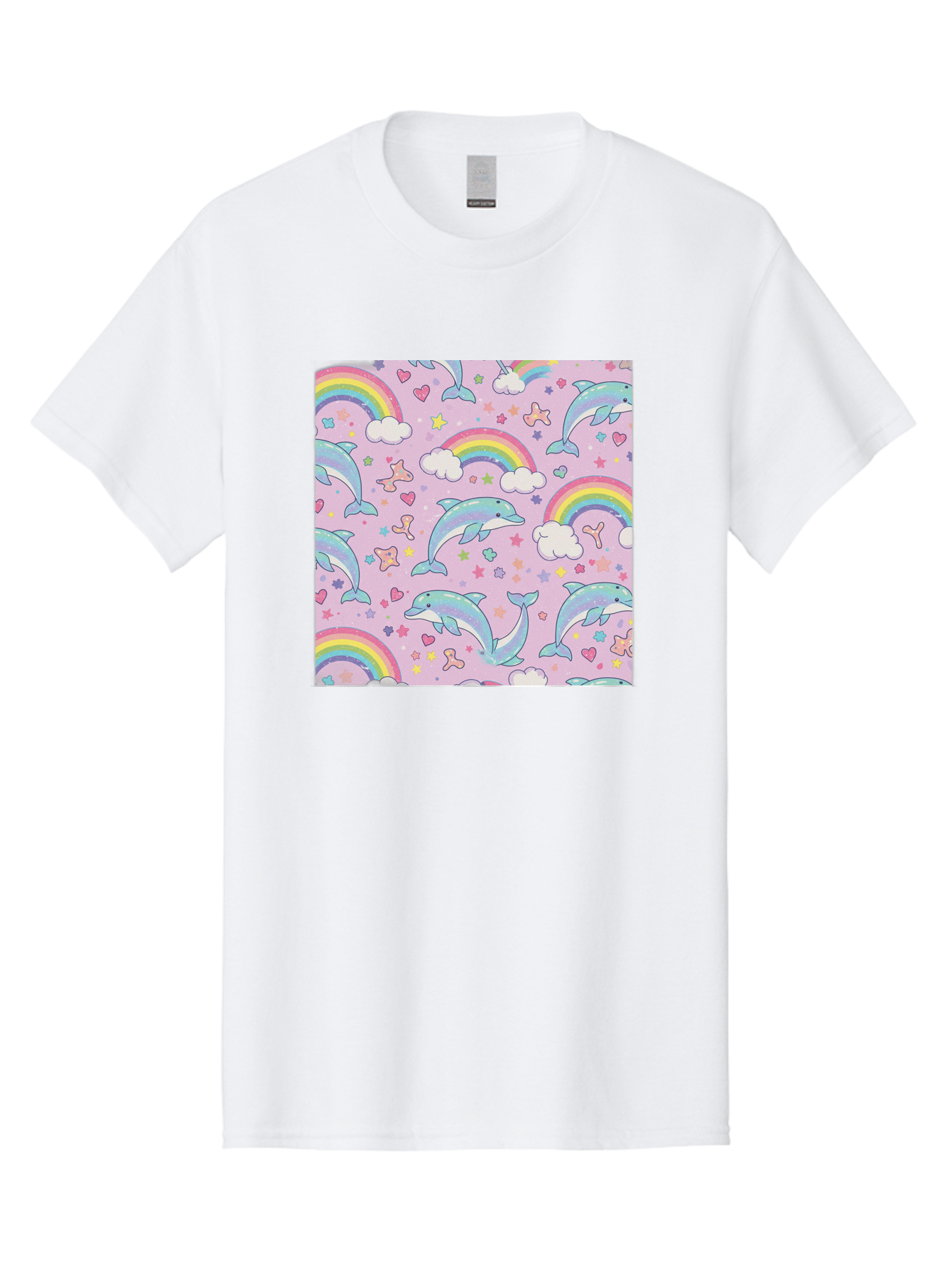Rainbow-Dolphin-Pattern Men'S Graphic Tee, 100% Cotton, Comfortable Casual Summer Wear, Machine Washable, Dolphins, Rainbows, Clouds, Stars, Hearts, Pastel Colors, Whimsical Design, Playful Pattern, Childrens Theme, Fantasy Elements, Bab273