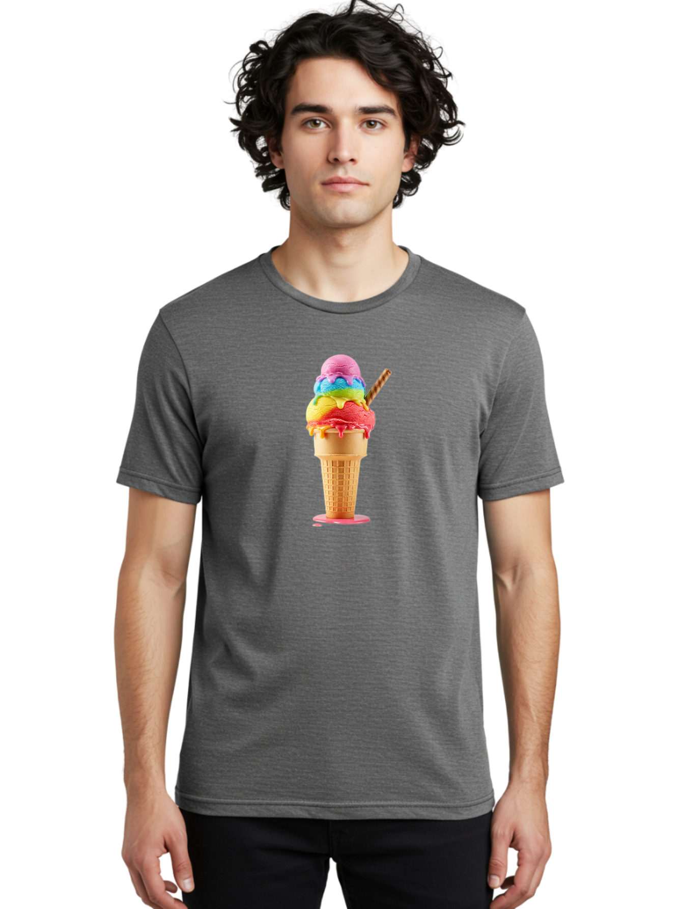 Rainbow-Ice-Cream Men'S Graphic Tee, 100% Cotton, Comfortable Casual Summer Wear, Machine Washable, Rainbow Ice Cream, Colorful Dessert, Sweet Treats, Multi-Colored Ice Cream, Waffle Cone, Dripping Ice Cream, Colorful Scoop, Tasty, Bab274