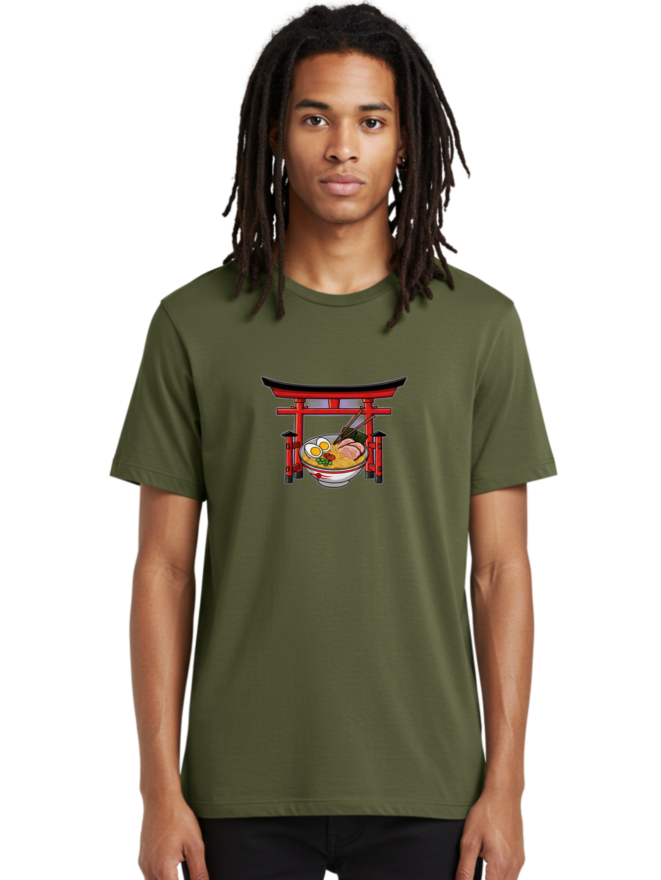 Ramen-And-Torii-Gate Men'S Graphic Tee, 100% Cotton, Comfortable Casual Summer Wear, Machine Washable, Japanese Ramen, Delicious Noodles, Savory Pork, Soft Boiled Egg, Torii Gate, Japanese Culture, Traditional Food, Asian Cuisine, Noodle Soup Bab290