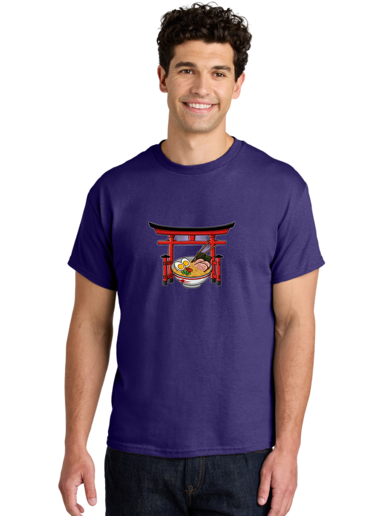 Ramen-And-Torii-Gate Men'S Graphic Tee, 100% Cotton, Comfortable Casual Summer Wear, Machine Washable, Japanese Ramen, Delicious Noodles, Savory Pork, Soft Boiled Egg, Torii Gate, Japanese Culture, Traditional Food, Asian Cuisine, Noodle Soup Bab290