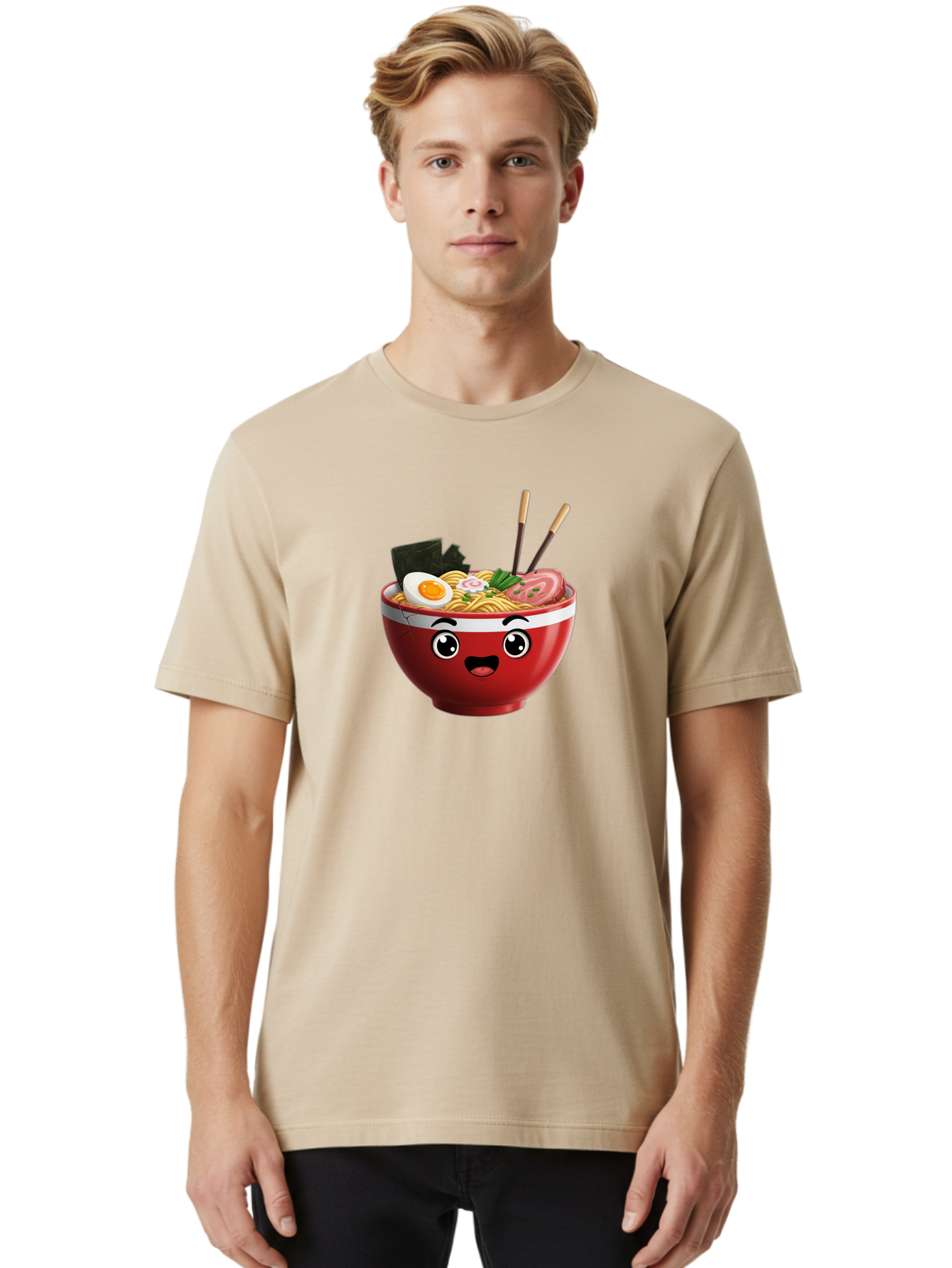 Ramen-Bowl-1 Men'S Graphic Tee, 100% Cotton, Comfortable Casual Summer Wear, Machine Washable, Cartoon Ramen, Steaming Hot Noodles, Sliced Pork, Boiled Egg, Seaweed, Chopsticks, Kawaii Food, Japanese Cuisine, Animated Meal, Fun Illustration, Bab291