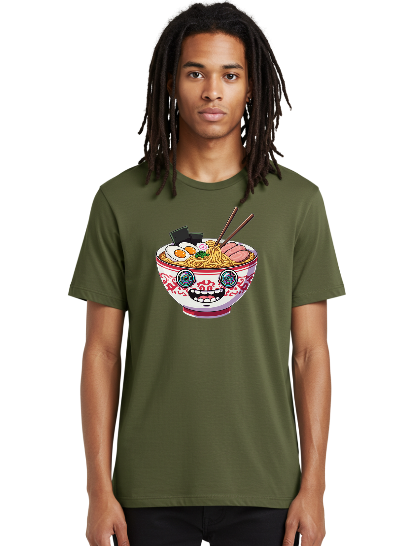 Ramen-Bowl-3 Men'S Graphic Tee, 100% Cotton, Comfortable Casual Summer Wear, Machine Washable, Cartoon Ramen, Bowl Of Noodles, Japanese Food, Noodle Soup, Eggs, Meat, Chopsticks, Kawaii Style, Anime-Inspired, Food Illustration, Colorful Dish, Bab293