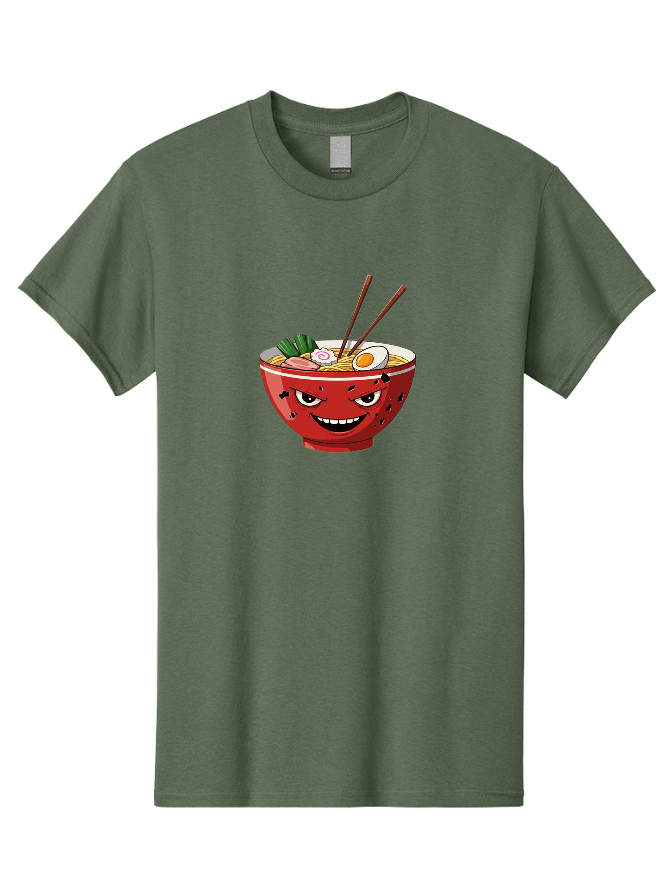 Ramen-Bowl-4 Men'S Graphic Tee, 100% Cotton, Comfortable Casual Summer Wear, Machine Washable, Ramen Bowl, Noodle Soup, Angry Face, Chopsticks, Boiled Egg, Sliced Pork, Green Onions, Cartoon Style, Kawaii, Japanese Cuisine, Comic Character Bab294