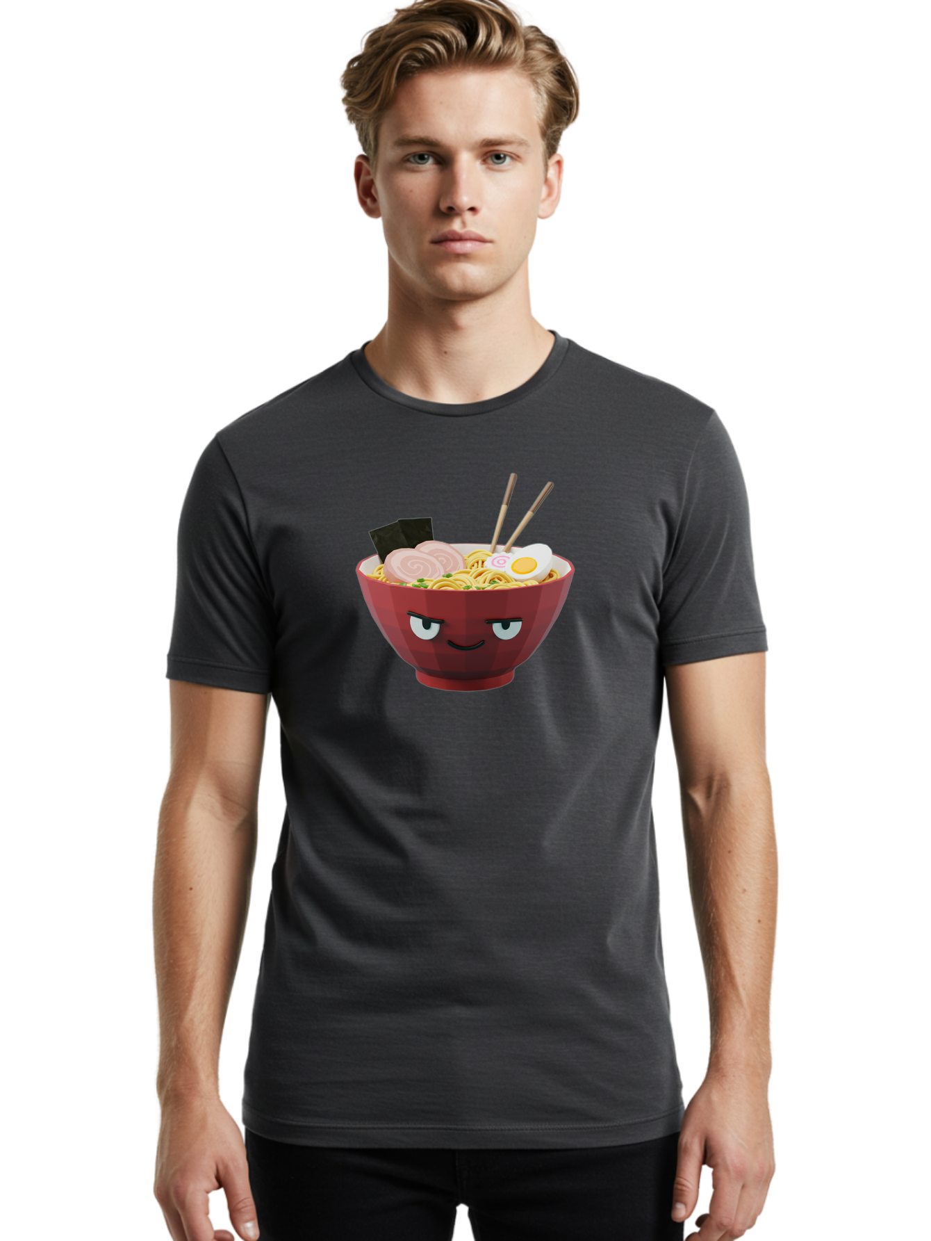 Ramen-Bowl-5 Men'S Graphic Tee, 100% Cotton, Comfortable Casual Summer Wear, Machine Washable, Cartoon Ramen Bowl, Angry Face, Ramen Noodles, Egg, Ham, Chopsticks, Japanese Food, Kawaii Style, Cartoon Character, Noodle Soup, Anime-Inspired Bab295