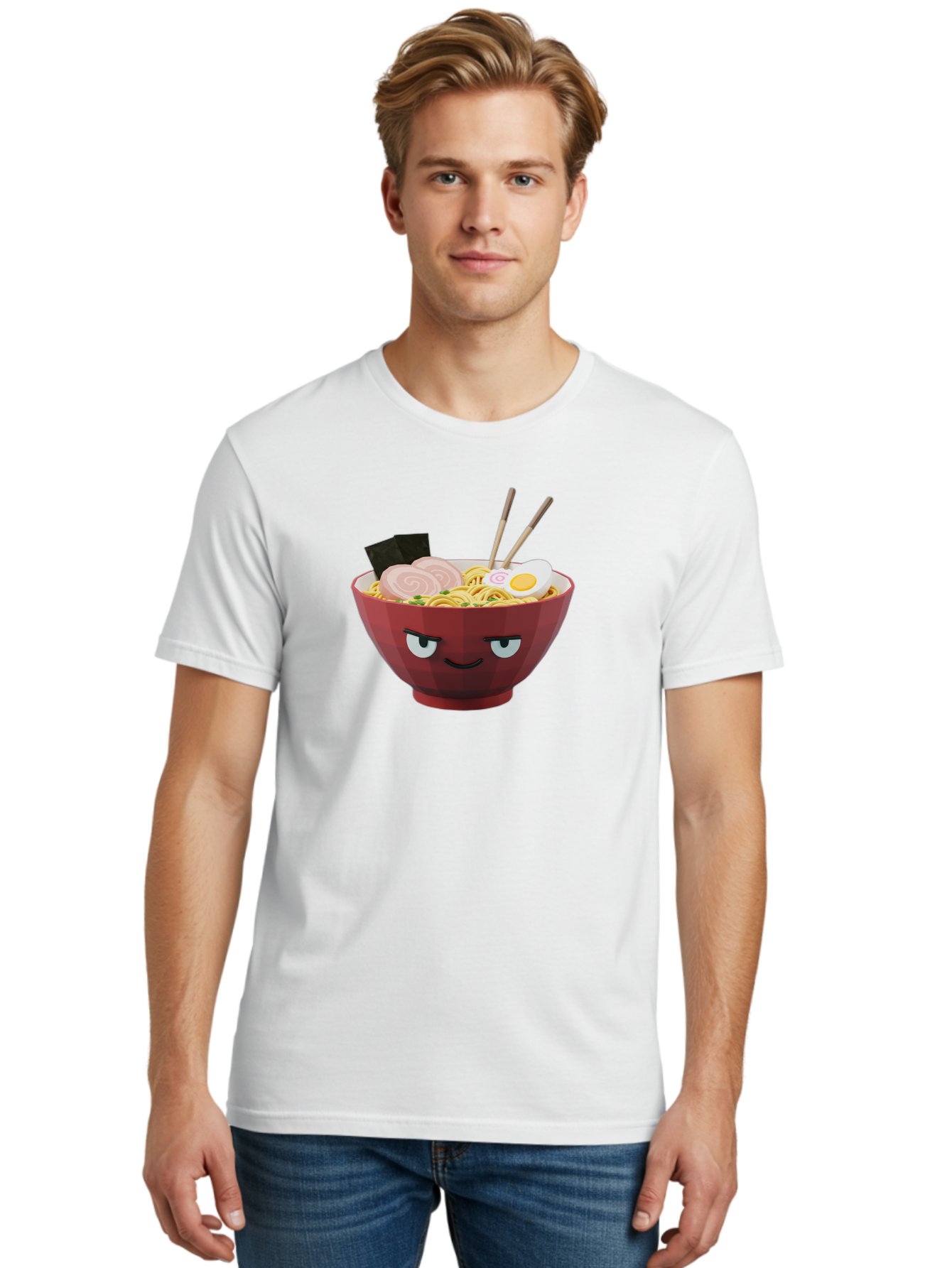 Ramen-Bowl-5 Men'S Graphic Tee, 100% Cotton, Comfortable Casual Summer Wear, Machine Washable, Cartoon Ramen Bowl, Angry Face, Ramen Noodles, Egg, Ham, Chopsticks, Japanese Food, Kawaii Style, Cartoon Character, Noodle Soup, Anime-Inspired Bab295