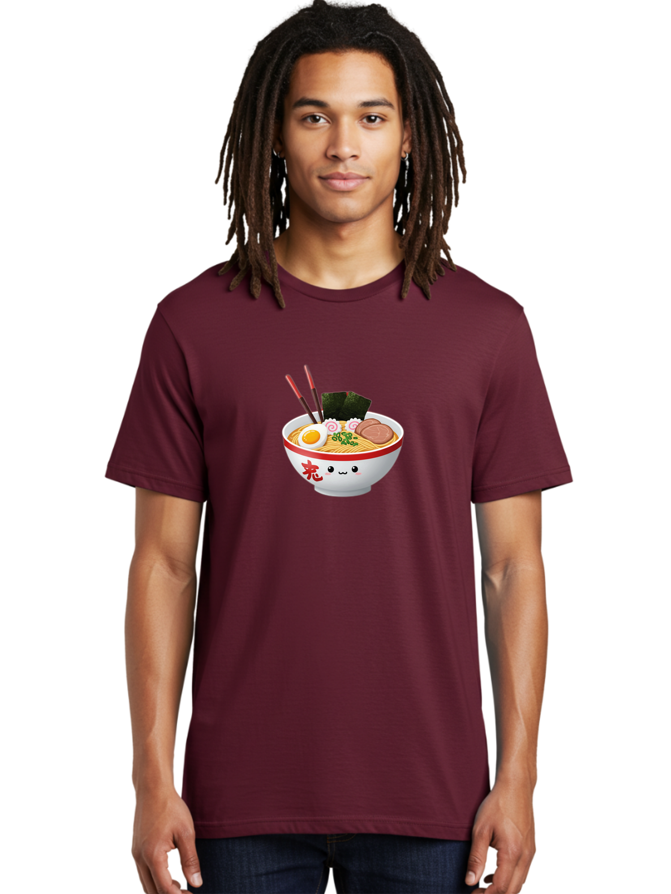 Ramen-Bowl-6 Men'S Graphic Tee, 100% Cotton, Comfortable Casual Summer Wear, Machine Washable, Bowl Of Ramen, Japanese Noodles, Boiled Egg, Green Onions, Seaweed, Sausage, Chopsticks, Anime Food, Kawaii, Cartoon Style, Food Illustration Bab296