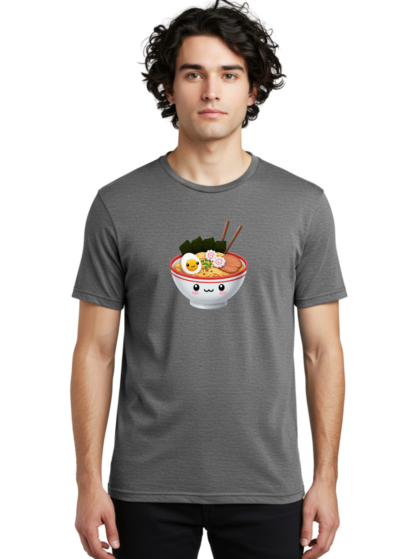Ramen-Bowl-7 Men'S Graphic Tee, 100% Cotton, Comfortable Casual Summer Wear, Machine Washable, Ramen Noodles, Steaming Bowl, Egg, Seaweed, Narutomaki, Chopsticks, Happy Face, Cartoon Style, Japanese Cuisine, Kawaii Food, Noodle Soup, Bab297