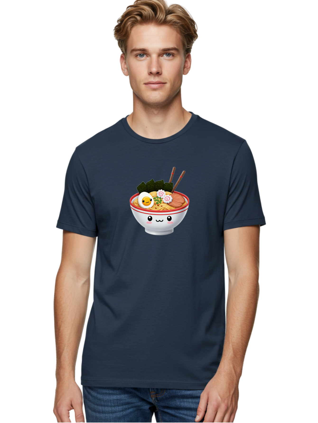 Ramen-Bowl-7 Men'S Graphic Tee, 100% Cotton, Comfortable Casual Summer Wear, Machine Washable, Ramen Noodles, Steaming Bowl, Egg, Seaweed, Narutomaki, Chopsticks, Happy Face, Cartoon Style, Japanese Cuisine, Kawaii Food, Noodle Soup, Bab297