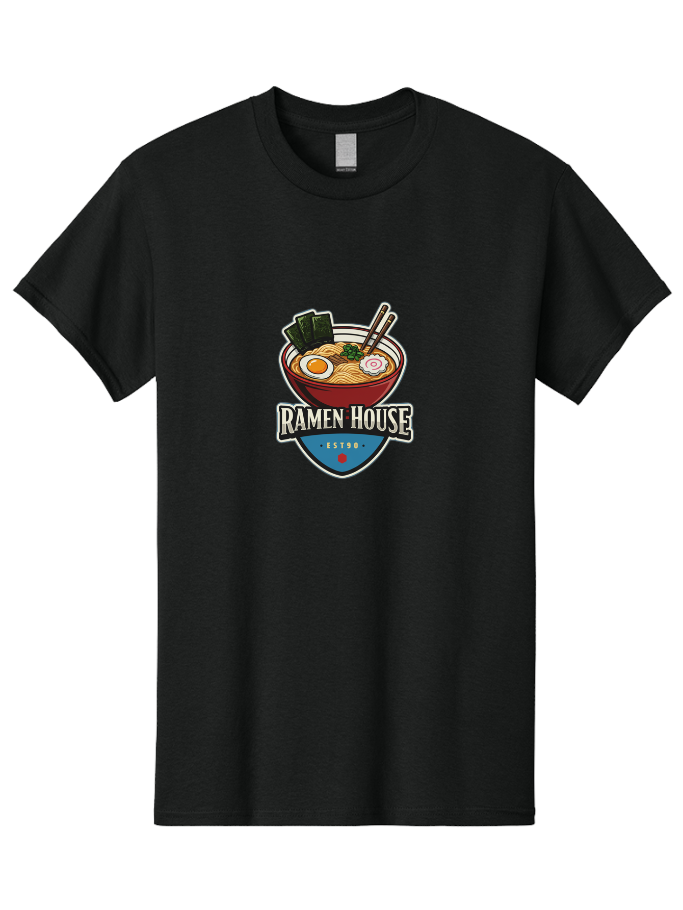 Ramen-House Men'S Graphic Tee, 100% Cotton, Comfortable Casual Summer Wear, Machine Washable, Ramen Bowl, Noodle Soup, Egg, Seaweed, Chopsticks, Japanese Cuisine, Asian Food, Ramen House, Est90, Food Logo, Restaurant Branding Bab301