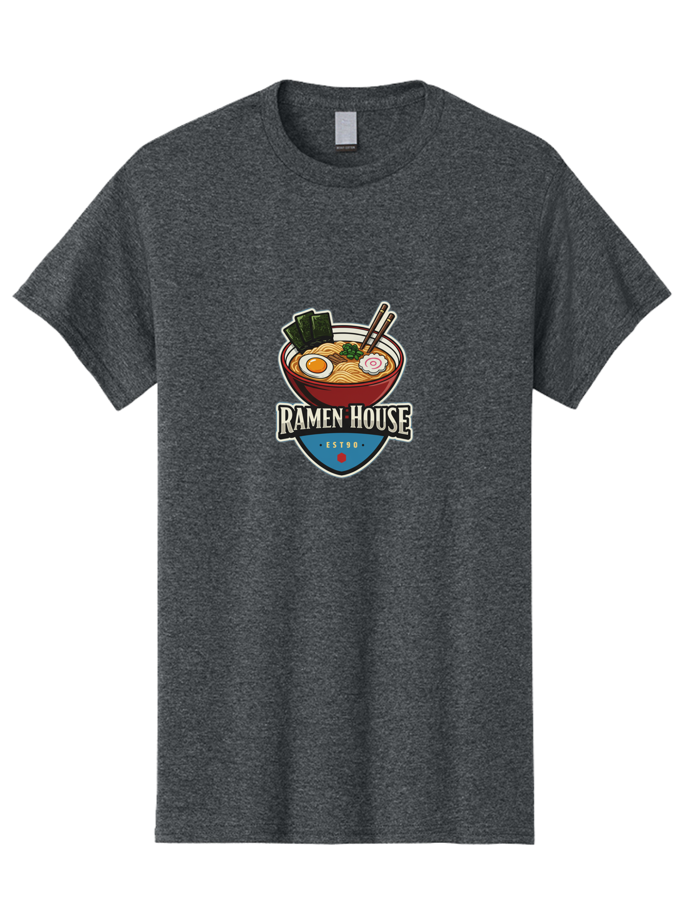 Ramen-House Men'S Graphic Tee, 100% Cotton, Comfortable Casual Summer Wear, Machine Washable, Ramen Bowl, Noodle Soup, Egg, Seaweed, Chopsticks, Japanese Cuisine, Asian Food, Ramen House, Est90, Food Logo, Restaurant Branding Bab301