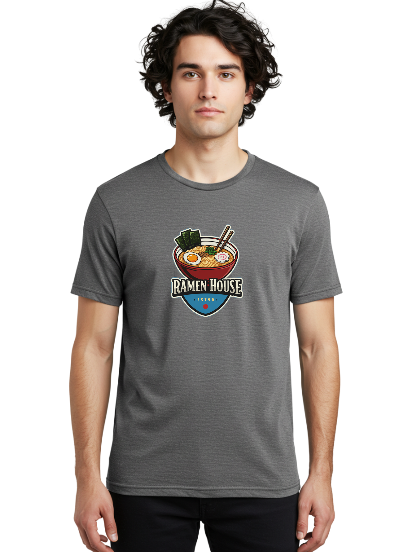 Ramen-House Men'S Graphic Tee, 100% Cotton, Comfortable Casual Summer Wear, Machine Washable, Ramen Bowl, Noodle Soup, Egg, Seaweed, Chopsticks, Japanese Cuisine, Asian Food, Ramen House, Est90, Food Logo, Restaurant Branding Bab301
