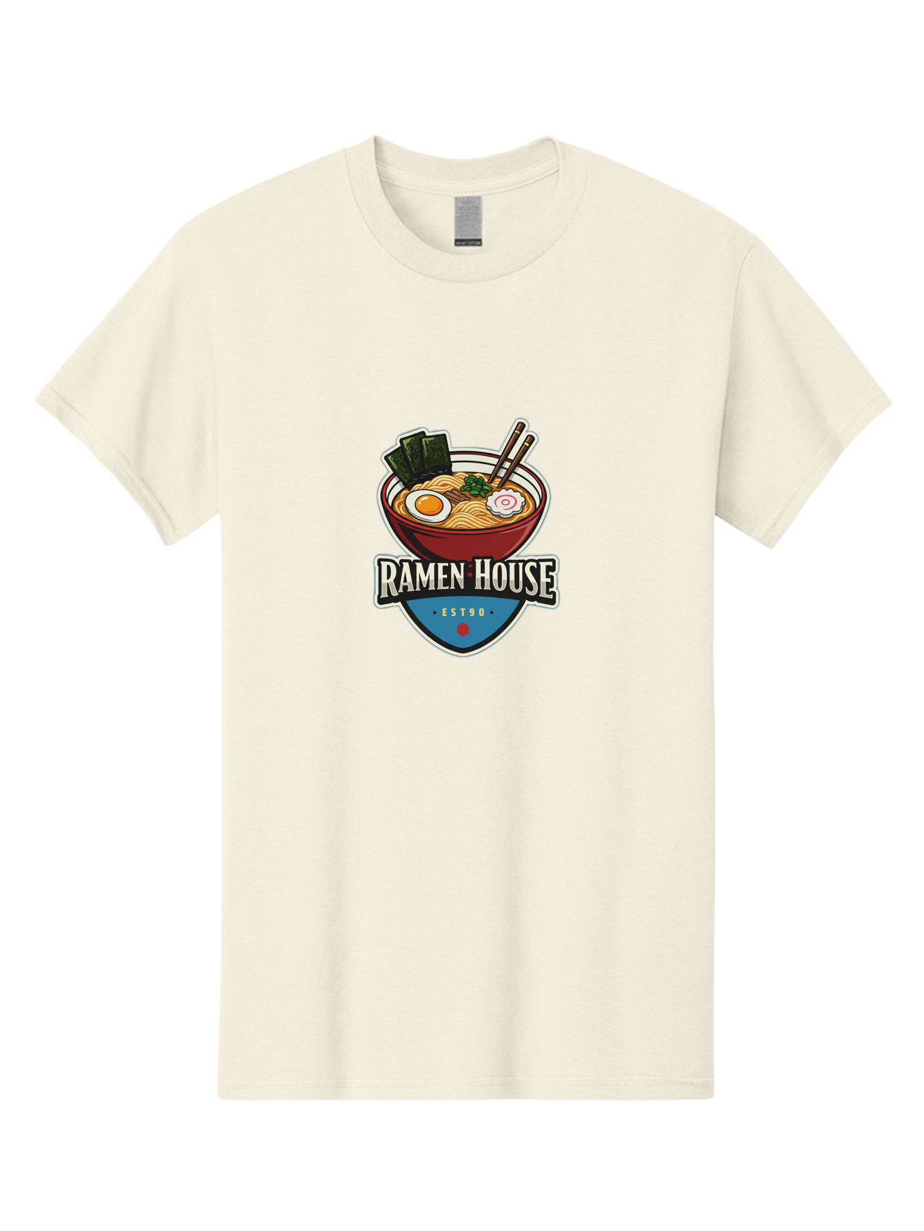 Ramen-House Men'S Graphic Tee, 100% Cotton, Comfortable Casual Summer Wear, Machine Washable, Ramen Bowl, Noodle Soup, Egg, Seaweed, Chopsticks, Japanese Cuisine, Asian Food, Ramen House, Est90, Food Logo, Restaurant Branding Bab301