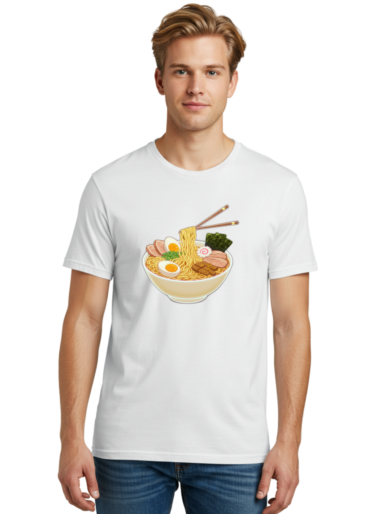 Ramen-Noodle-1 Men'S Graphic Tee, 100% Cotton, Comfortable Casual Summer Wear, Machine Washable, Delicious Ramen, Steaming Hot Noodles, Savory Pork Slices, Boiled Egg, Seaweed, Chopsticks, Japanese Cuisine, Noodle Soup, Comfort Food, Bab302