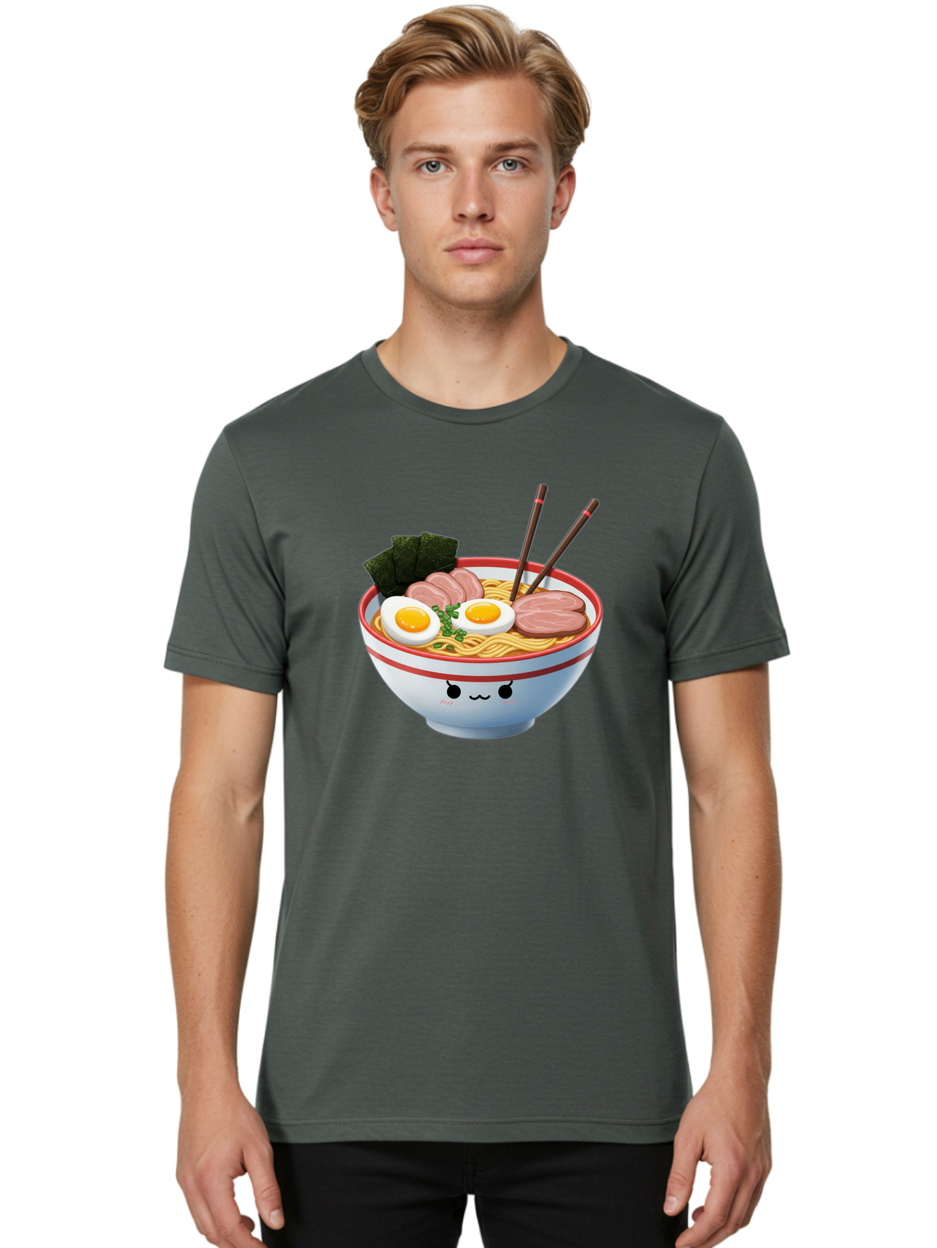 Ramen-Noodle-Bowl-1 Men'S Graphic Tee, 100% Cotton, Comfortable Casual Summer Wear, Machine Washable, Steaming Hot Ramen, Japanese Cuisine, Egg And Meat Toppings, Boiled Egg, Sliced Pork, Seaweed, Chopsticks, Kawaii Culture, Noodle Soup, Bab303