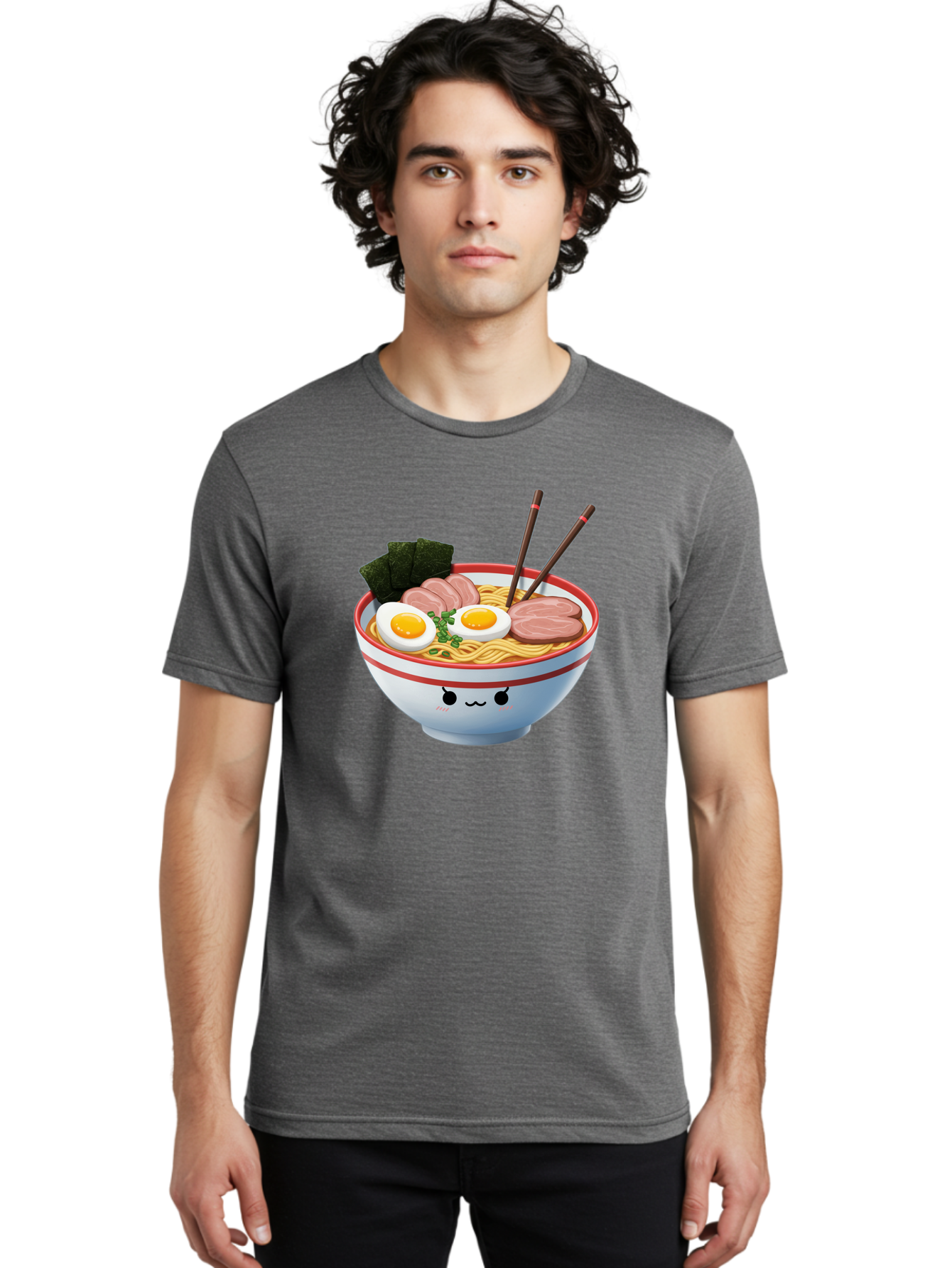 Ramen-Noodle-Bowl-1 Men'S Graphic Tee, 100% Cotton, Comfortable Casual Summer Wear, Machine Washable, Steaming Hot Ramen, Japanese Cuisine, Egg And Meat Toppings, Boiled Egg, Sliced Pork, Seaweed, Chopsticks, Kawaii Culture, Noodle Soup, Bab303