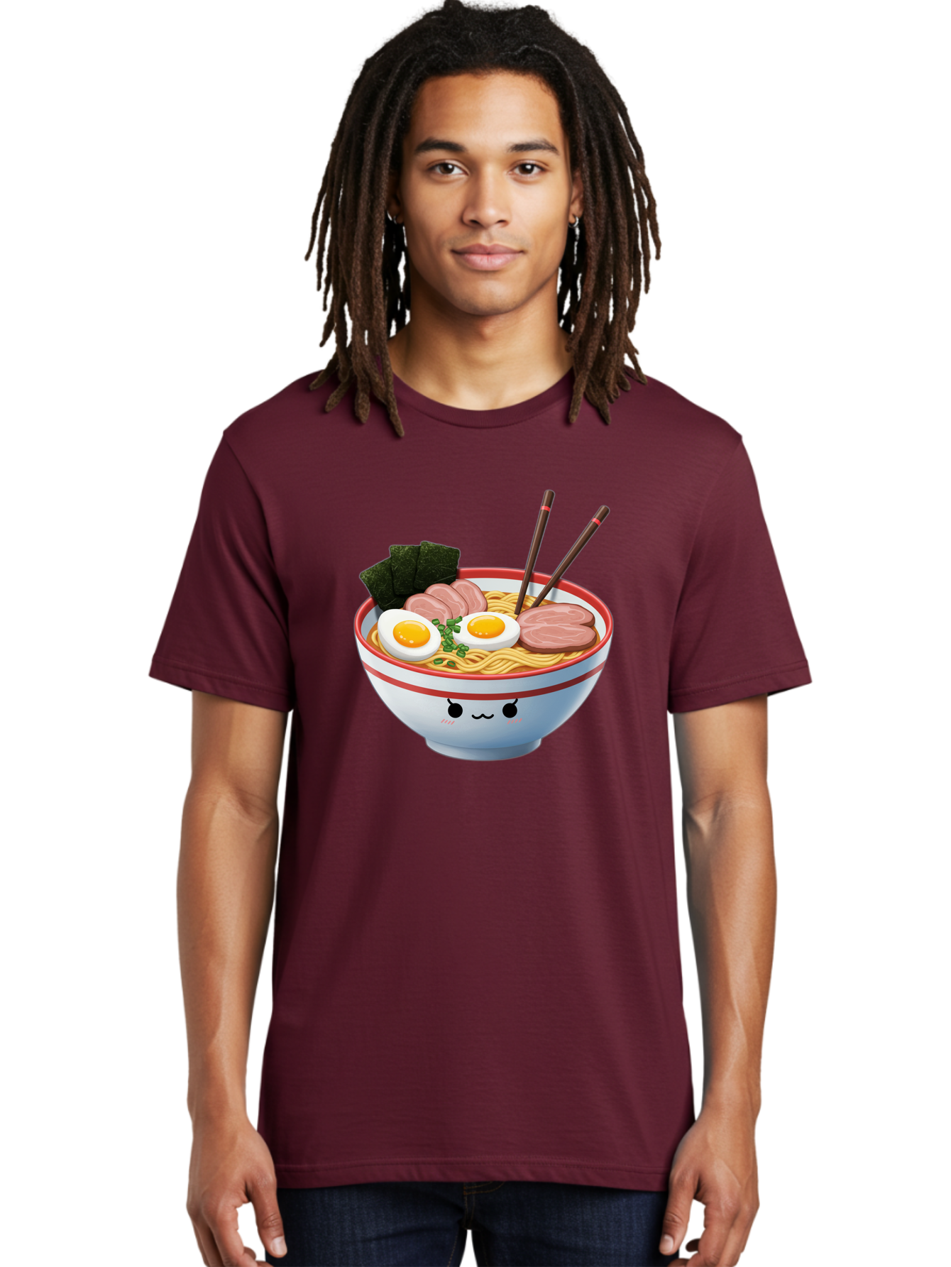 Ramen-Noodle-Bowl-1 Men'S Graphic Tee, 100% Cotton, Comfortable Casual Summer Wear, Machine Washable, Steaming Hot Ramen, Japanese Cuisine, Egg And Meat Toppings, Boiled Egg, Sliced Pork, Seaweed, Chopsticks, Kawaii Culture, Noodle Soup, Bab303