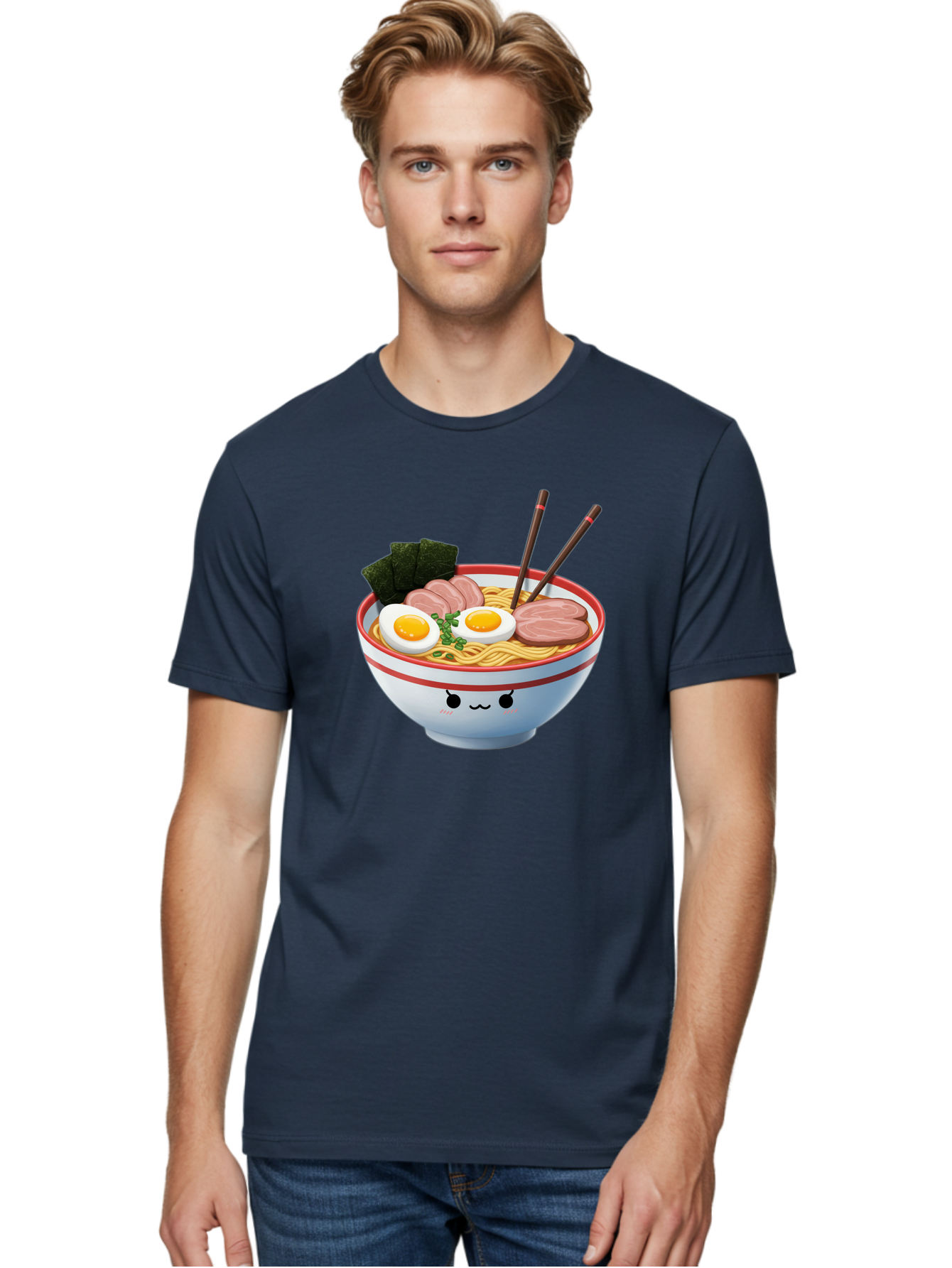 Ramen-Noodle-Bowl-1 Men'S Graphic Tee, 100% Cotton, Comfortable Casual Summer Wear, Machine Washable, Steaming Hot Ramen, Japanese Cuisine, Egg And Meat Toppings, Boiled Egg, Sliced Pork, Seaweed, Chopsticks, Kawaii Culture, Noodle Soup, Bab303