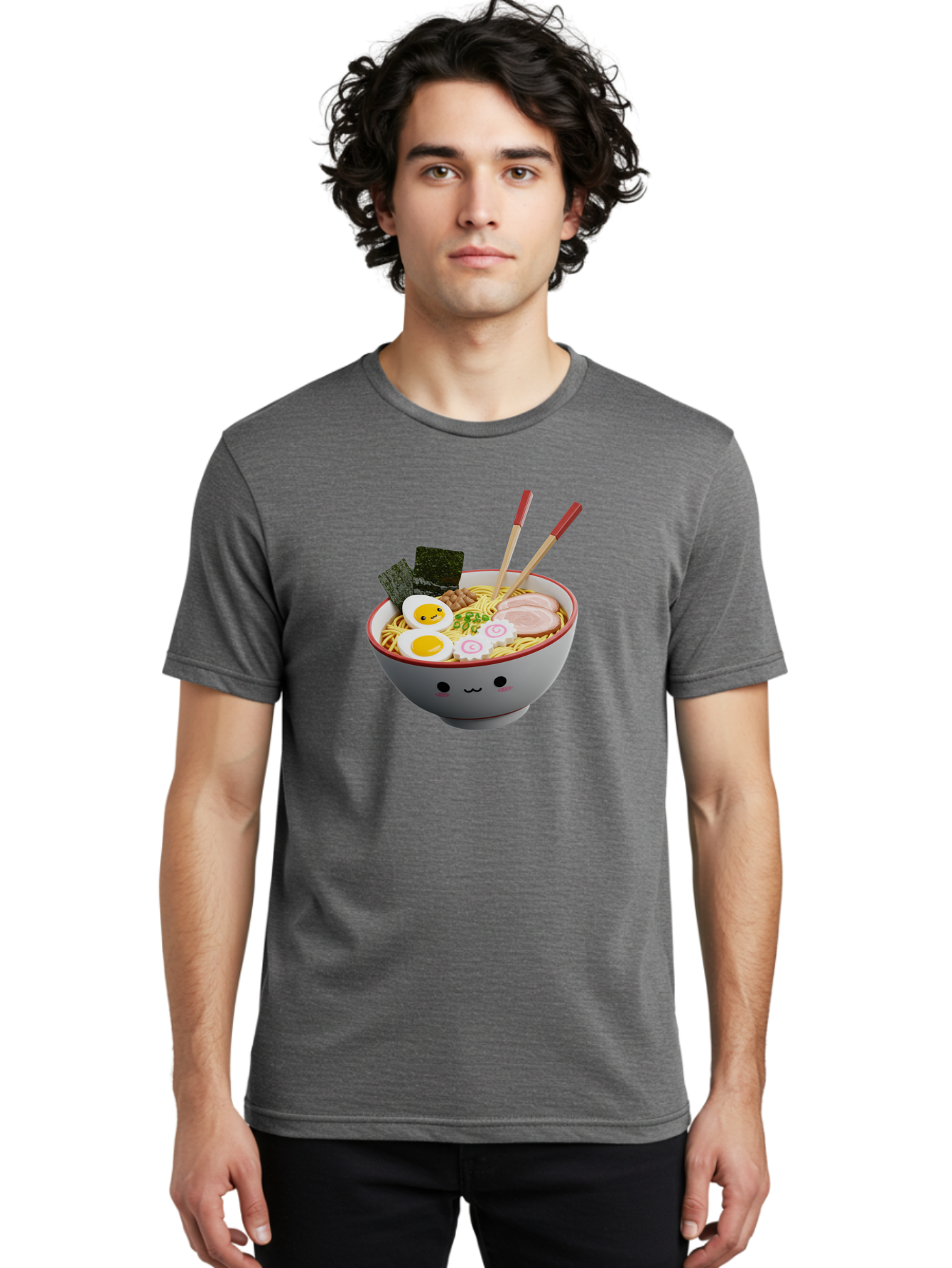 Ramen-Noodle-Bowl-2 Men'S Graphic Tee, 100% Cotton, Comfortable Casual Summer Wear, Machine Washable, Delicious Ramen, Steaming Hot Noodles, Boiled Egg, Sliced Pork, Seaweed, Chopsticks, Cartoon Bowl, Kawaii Food, Japanese Cuisine, Bab304