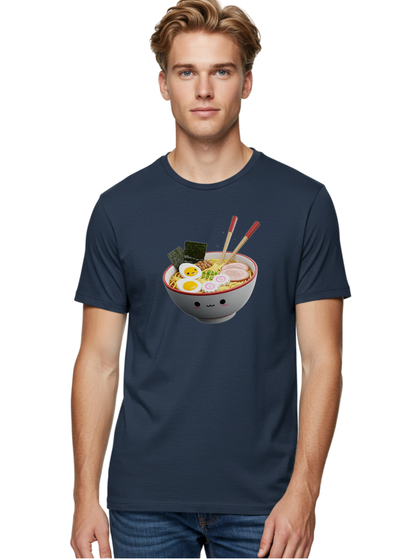 Ramen-Noodle-Bowl-2 Men'S Graphic Tee, 100% Cotton, Comfortable Casual Summer Wear, Machine Washable, Delicious Ramen, Steaming Hot Noodles, Boiled Egg, Sliced Pork, Seaweed, Chopsticks, Cartoon Bowl, Kawaii Food, Japanese Cuisine, Bab304