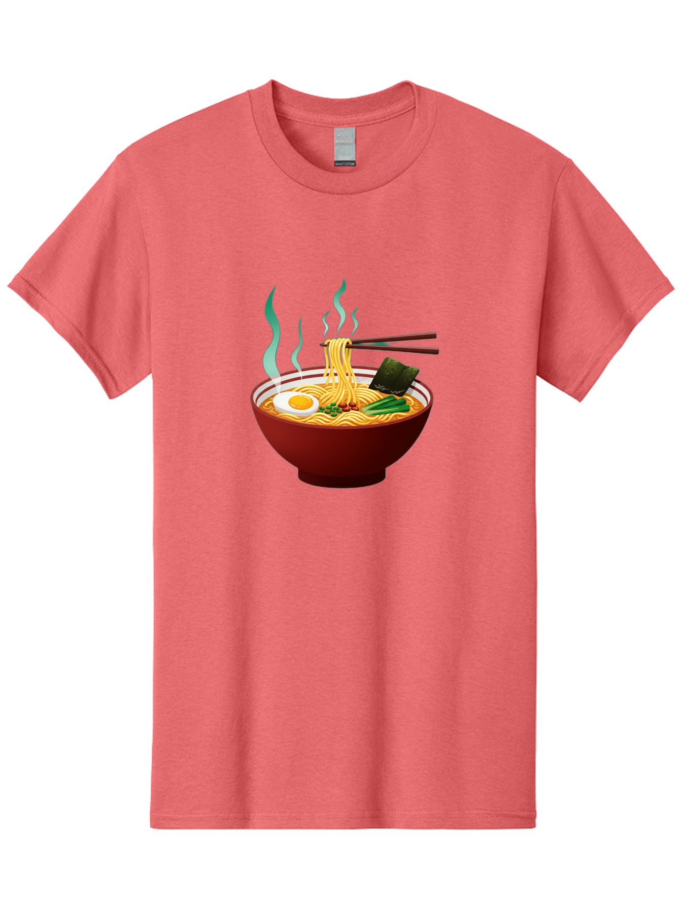 Ramen-Noodle-Bowl-3 Men'S Graphic Tee, 100% Cotton, Comfortable Casual Summer Wear, Machine Washable, Steaming Hot Ramen, Yellow Noodles, Boiled Egg, Seaweed, Green Onions, Chopsticks, Asian Cuisine, Japanese Food, Noodle Soup, Savory Dish Bab305