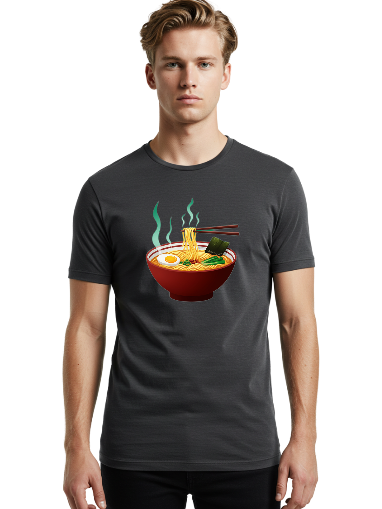 Ramen-Noodle-Bowl-3 Men'S Graphic Tee, 100% Cotton, Comfortable Casual Summer Wear, Machine Washable, Steaming Hot Ramen, Yellow Noodles, Boiled Egg, Seaweed, Green Onions, Chopsticks, Asian Cuisine, Japanese Food, Noodle Soup, Savory Dish Bab305