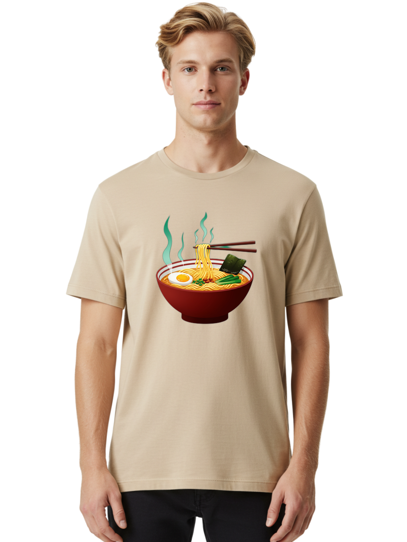 Ramen-Noodle-Bowl-3 Men'S Graphic Tee, 100% Cotton, Comfortable Casual Summer Wear, Machine Washable, Steaming Hot Ramen, Yellow Noodles, Boiled Egg, Seaweed, Green Onions, Chopsticks, Asian Cuisine, Japanese Food, Noodle Soup, Savory Dish Bab305