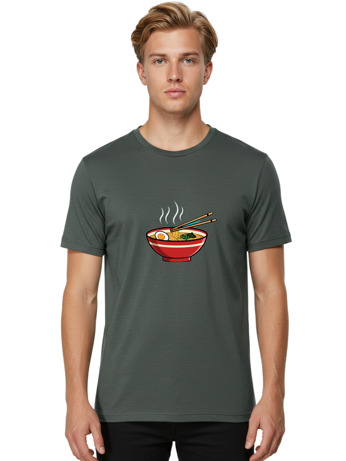 Ramen-Noodle-Bowl-4 Men'S Graphic Tee, 100% Cotton, Comfortable Casual Summer Wear, Machine Washable, Steaming Hot Ramen, Japanese Noodle Soup, Delicious Meal, Bowl Of Noodles, Chopsticks, Boiled Egg, Green Onions, Savory Dish, Asian Cuisine, Bab306