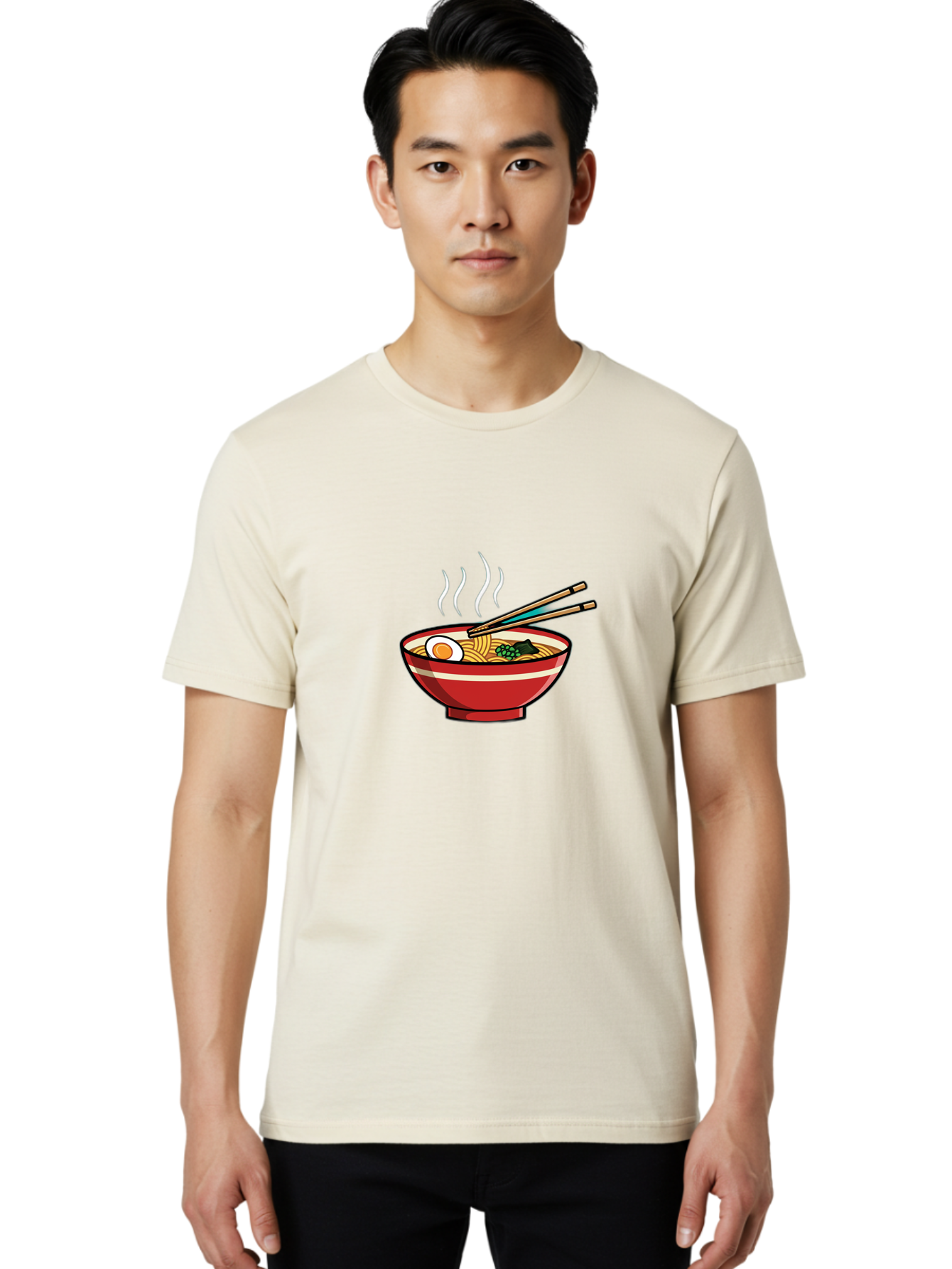 Ramen-Noodle-Bowl-4 Men'S Graphic Tee, 100% Cotton, Comfortable Casual Summer Wear, Machine Washable, Steaming Hot Ramen, Japanese Noodle Soup, Delicious Meal, Bowl Of Noodles, Chopsticks, Boiled Egg, Green Onions, Savory Dish, Asian Cuisine, Bab306