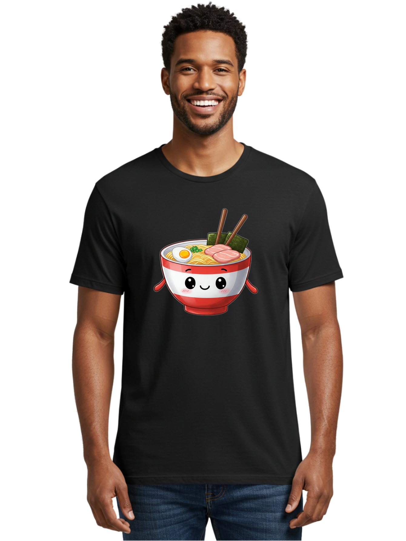 Ramen-Noodle-Bowl Men'S Graphic Tee, 100% Cotton, Comfortable Casual Summer Wear, Machine Washable, Cartoon Ramen Bowl, Japanese Food, Noodle Soup, Egg, Pork Slices, Seaweed, Chopsticks, Kawaii Character, Cute Design, Anime Style Bab307